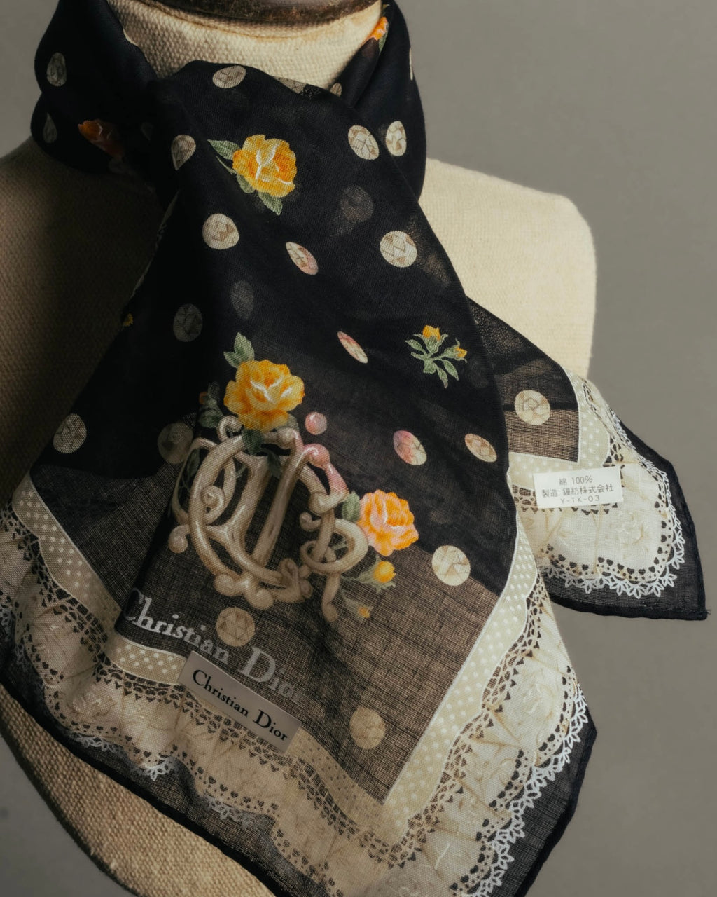 “Christian Dior” 90’s-00’s Romantic dot floral handkerchief scarf