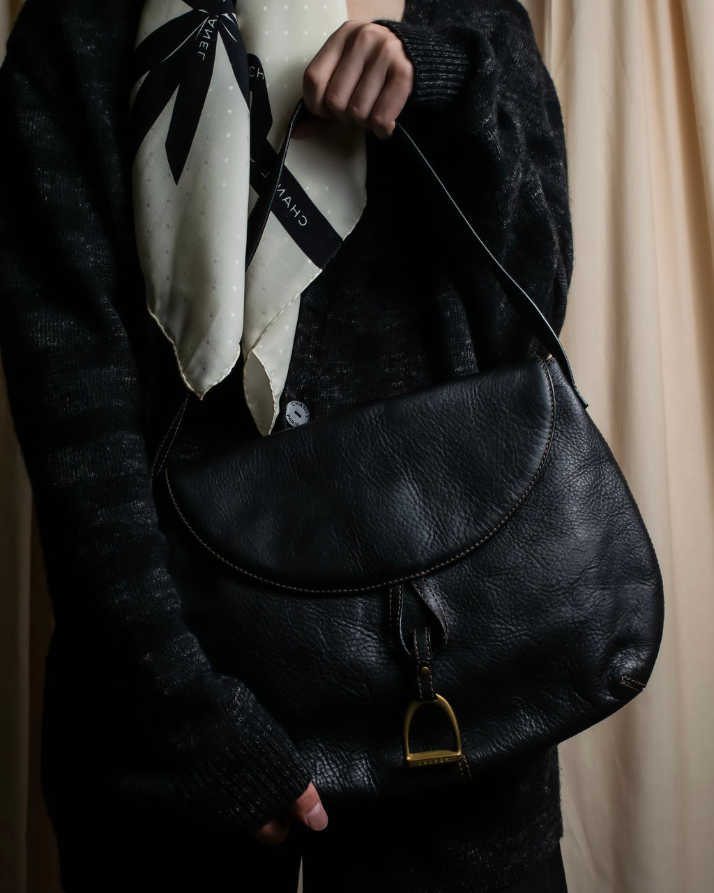 "Ralph Lauren" Saddle＆stirrup motif grained leather shoulder bag