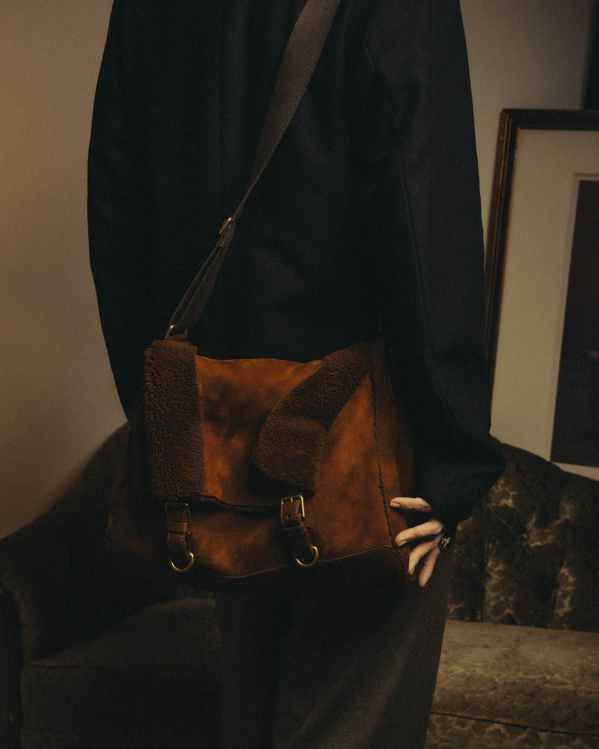 -SPECIAL- "Yves Saint Laurent" 00's Luxurious shearling double buckle messenger bag