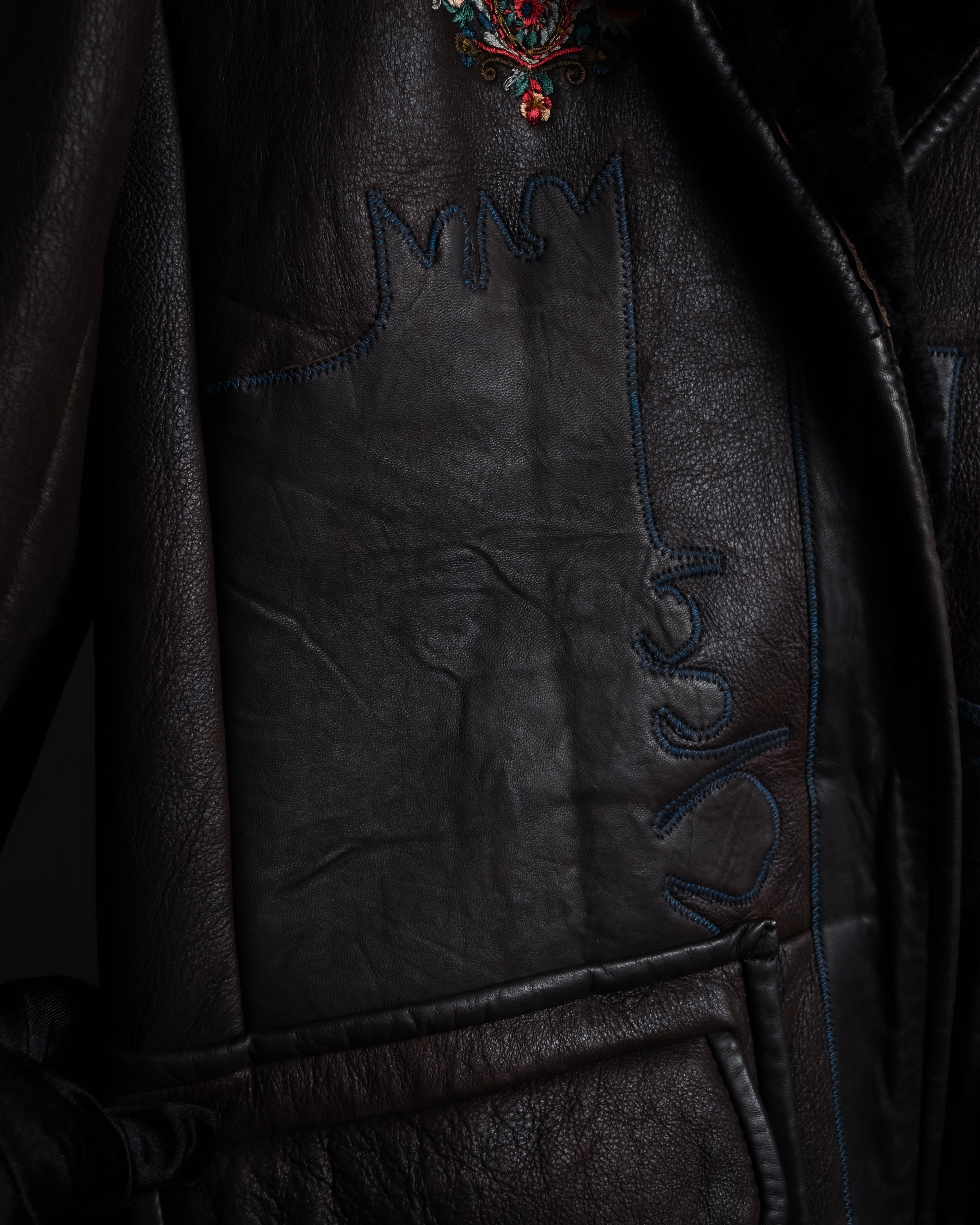 “KENZO” 80’s Folkloric shearling-lined leather long coat