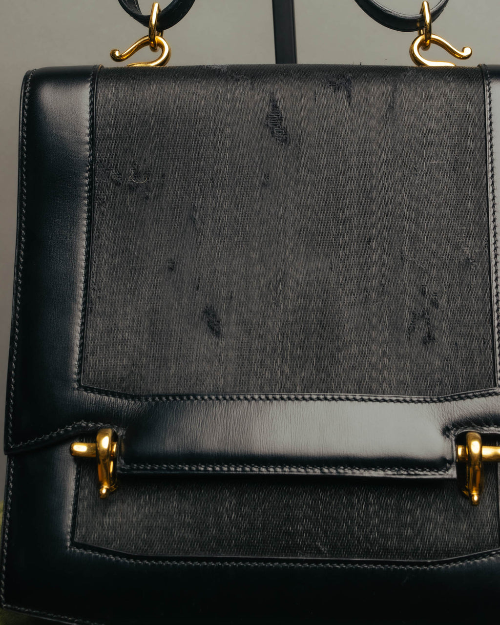 -SPECIAL- “HERMÈS” 80’s-90’s Camargue black leather and canvas shoulder bag