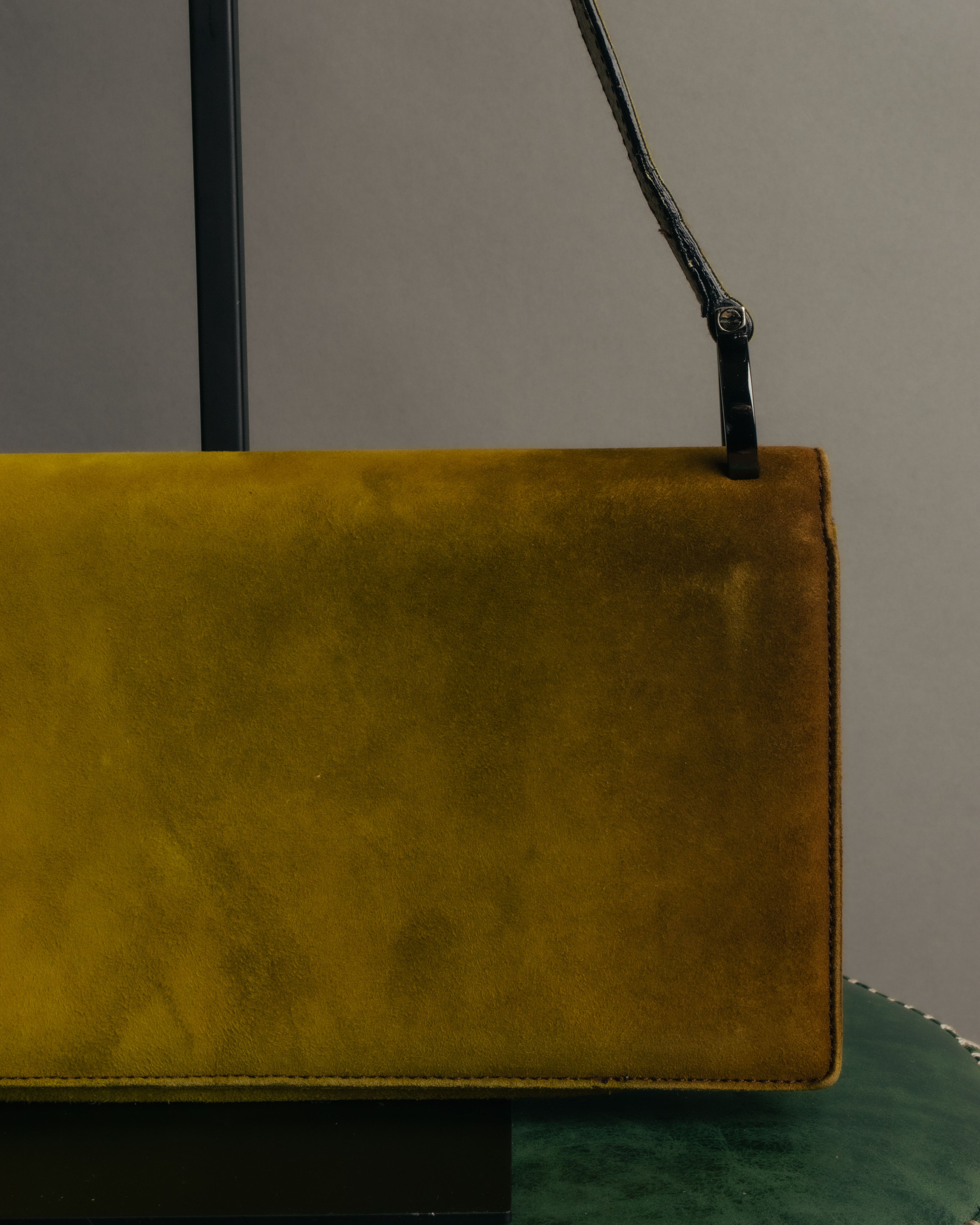 "Salvatore Ferragamo" 90's-00's Mustard yellow suede shoulder bag with oversized Gancini