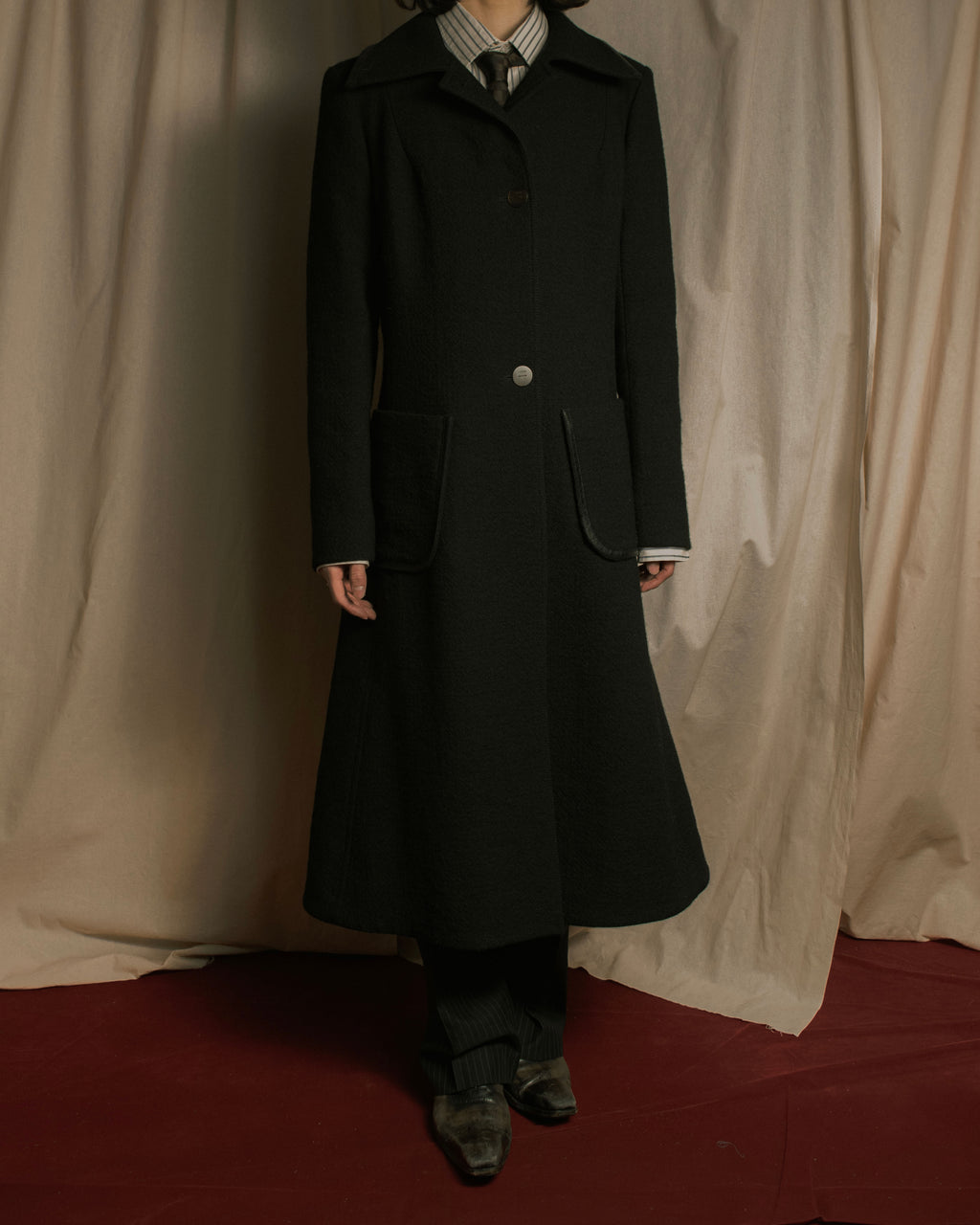 –SPECIALS– "LOEWE" 2017-2018 Minimal a-line calfskin piping coat