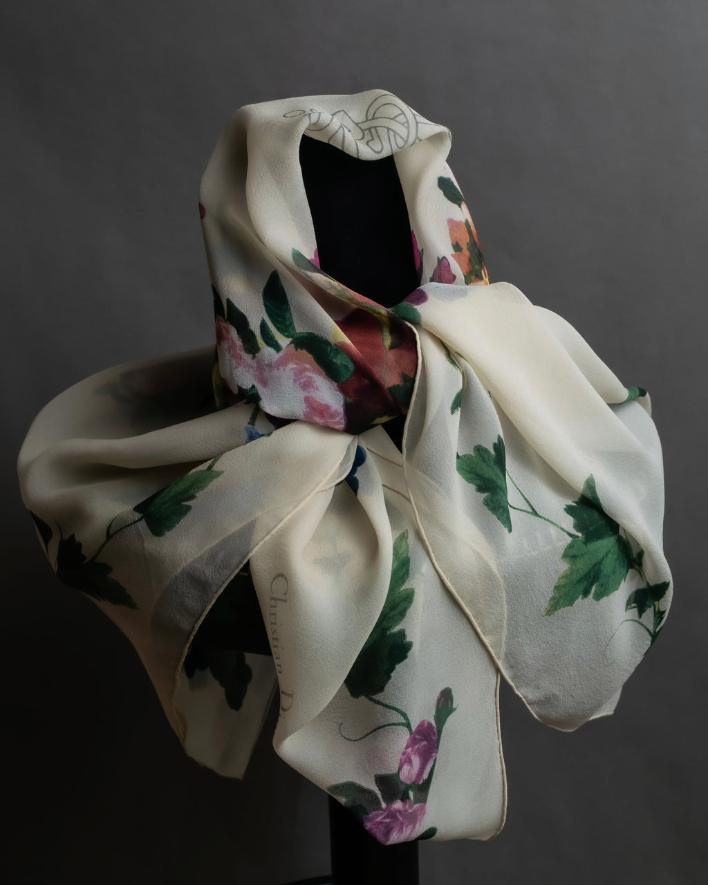 "Christian Dior" Wreath floral design silk scarf