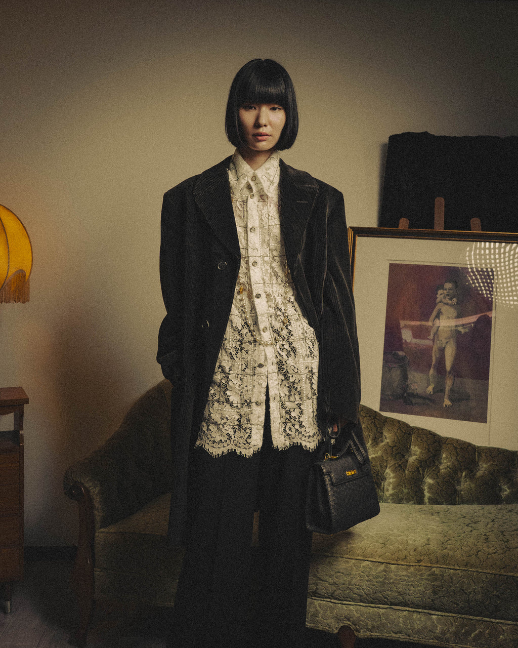 -SPECIAL- "CHANEL" 10's-20's Embellished floral lace and pearl check oversized shirt