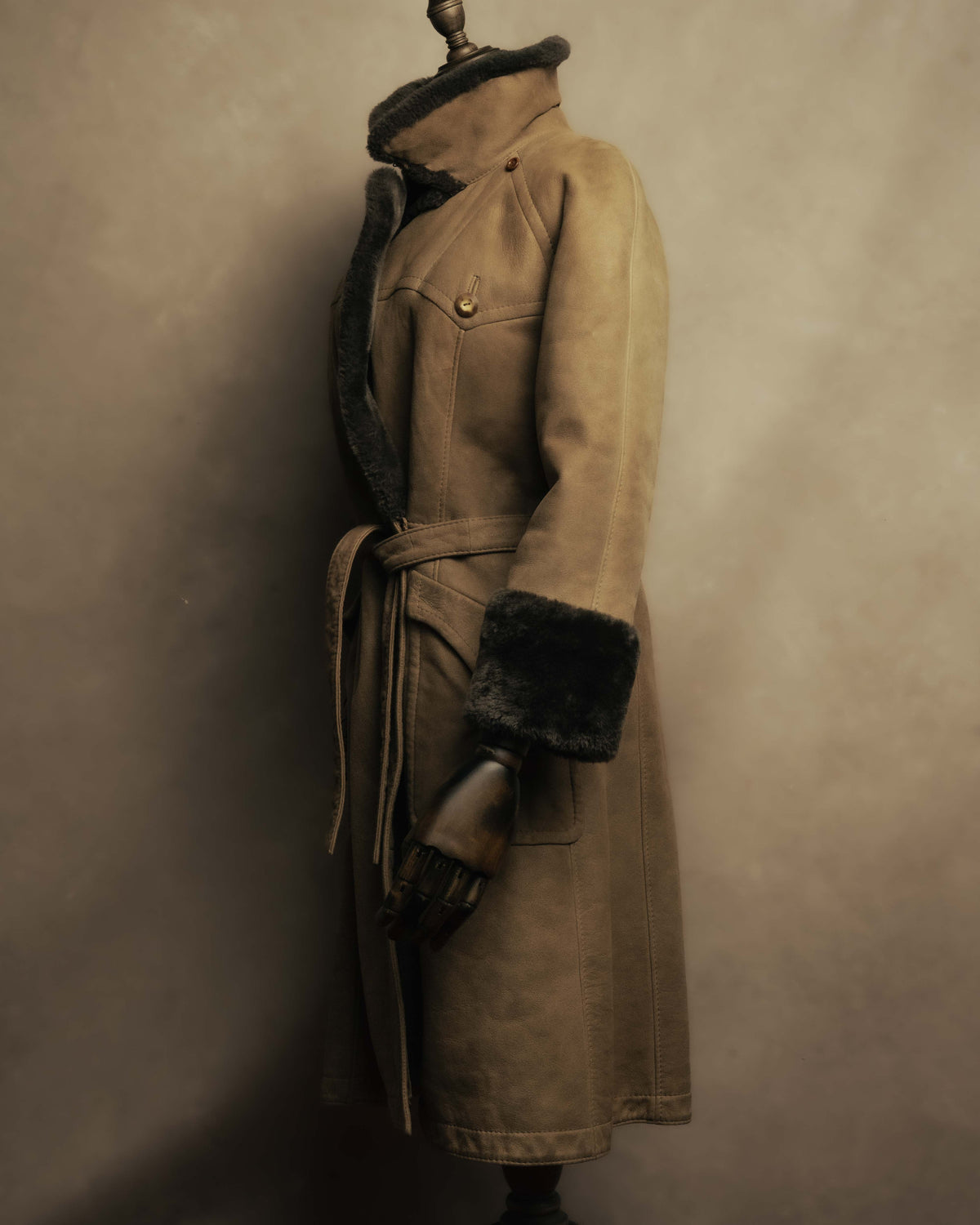 “LOEWE” 70’s-early 90’s Suede shearling belted long coat
