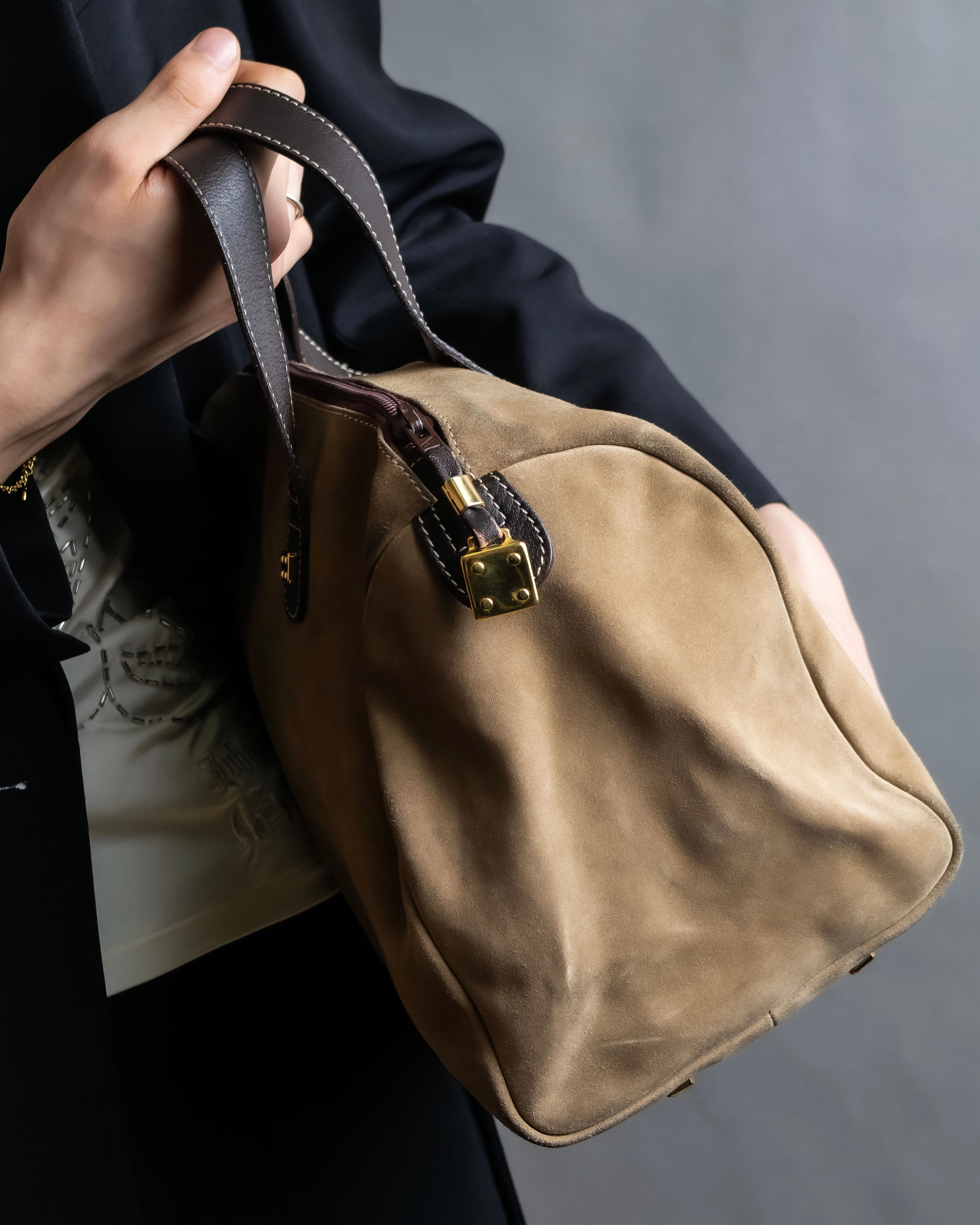 "LOEWE" Logo engraved suede mini boston bag