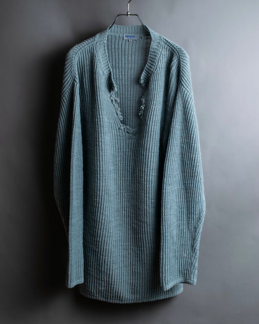 "KENZO" Dull blue oversized distressed V-neck knit