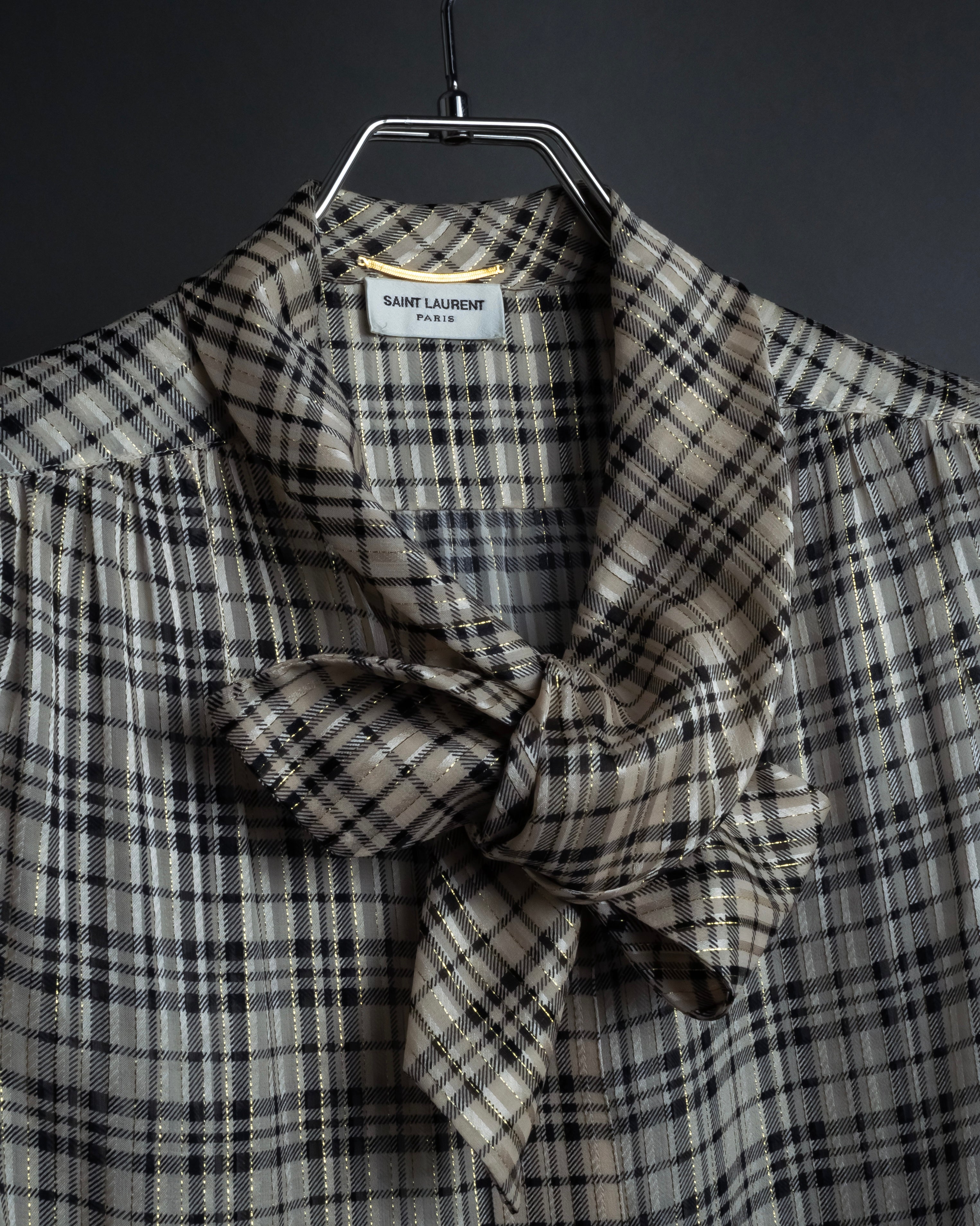 "Saint Laurent" Lame check pattern bow tie shirt