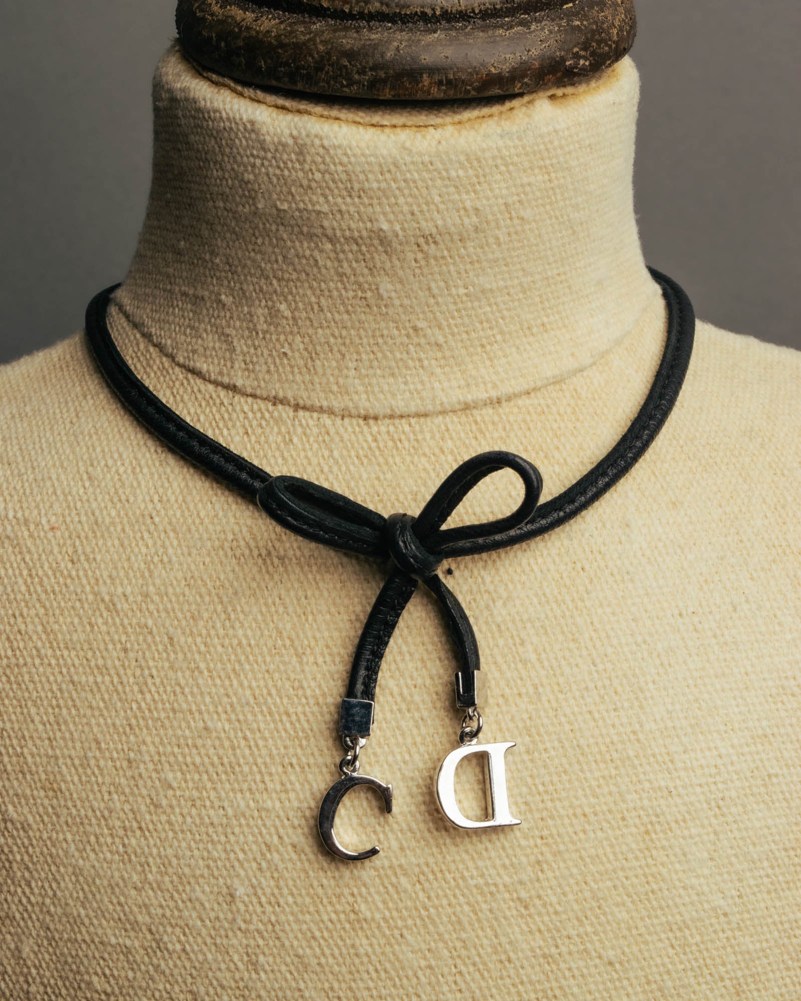 "Christian Dior" Ribbon charm leather cord choker necklace