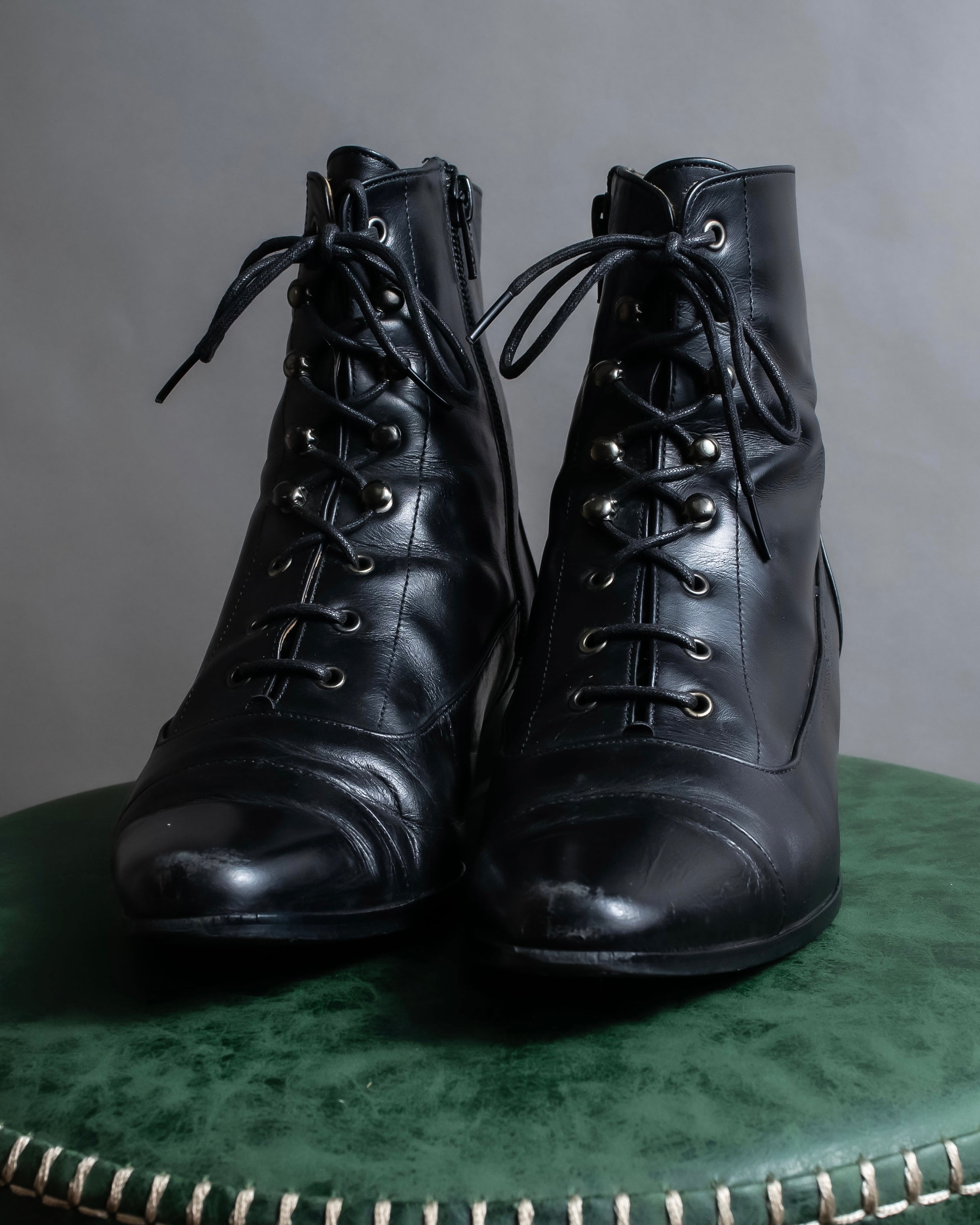 "YVES SAINT LAURENT" Side zip design lace up heel boots