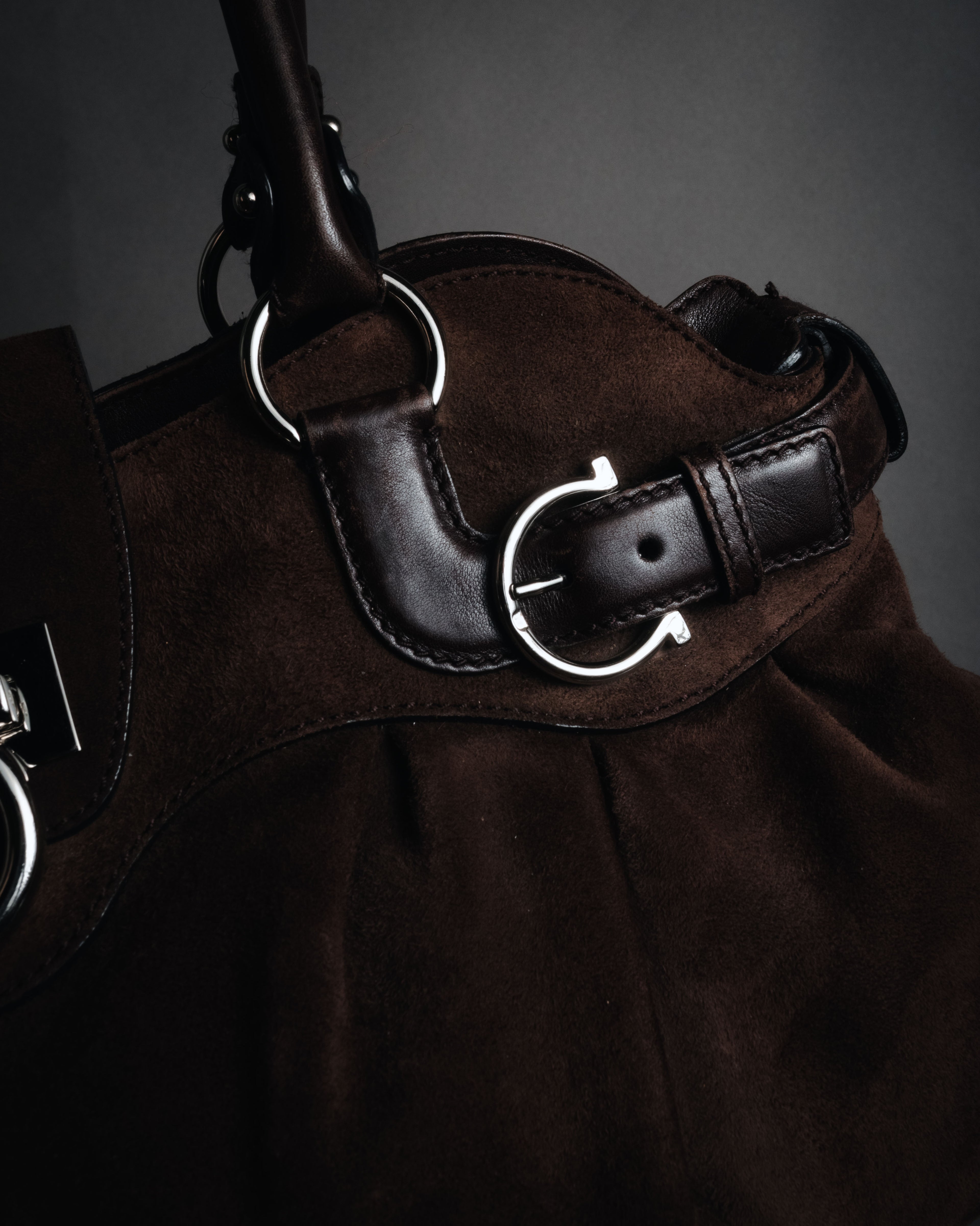 "Salvatore Ferragamo" 00’s suede gancini gathered bowling bag