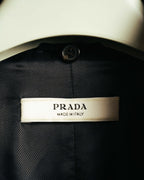 内側に配された生成り色の織りタグ。PRADAロゴとMADE IN ITALY表記が確認でき、上部には黒い4穴ボタンが写る。