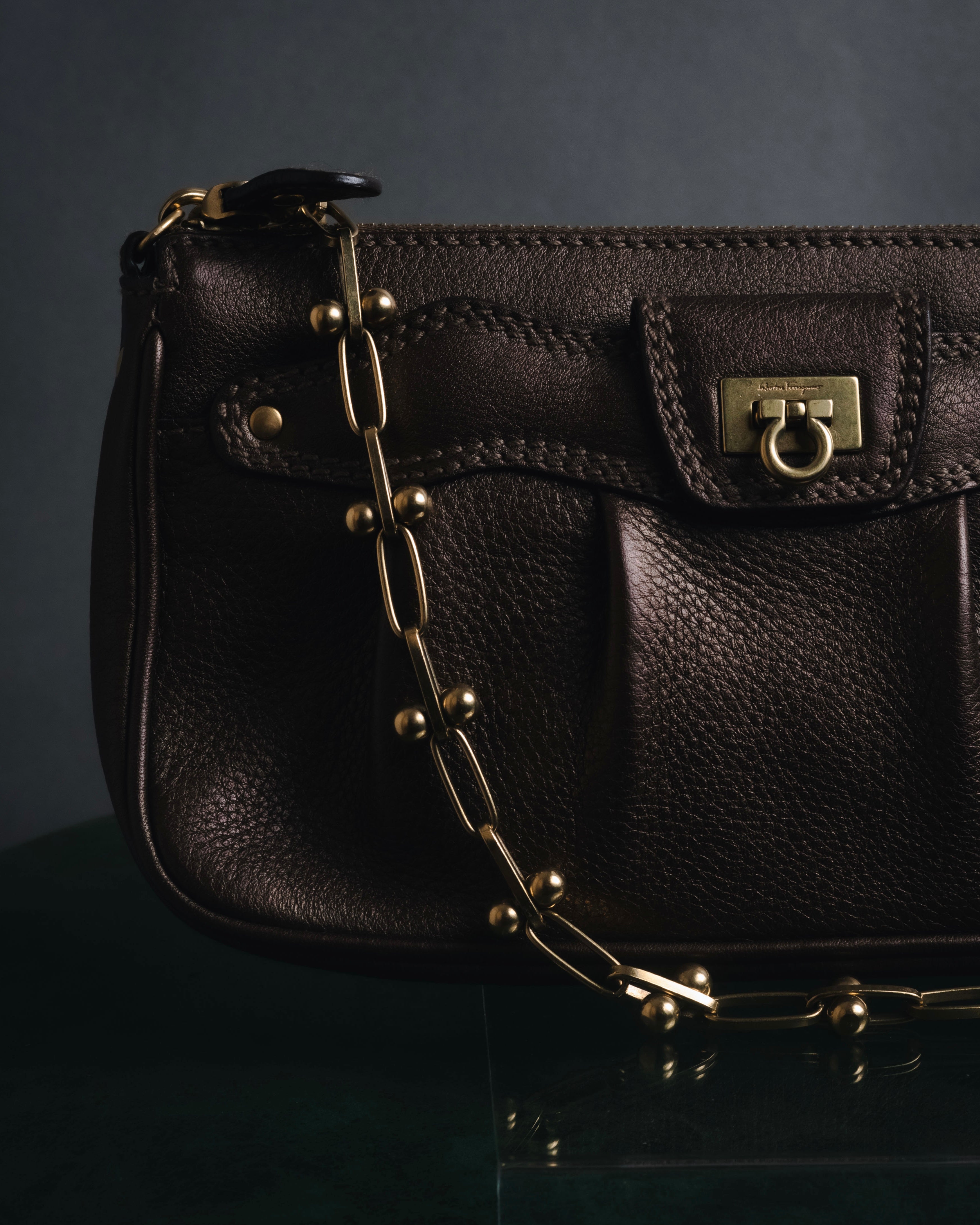 "Salvatore Ferragamo" 2000’s gathered metallic leather ball-link shoulder bag