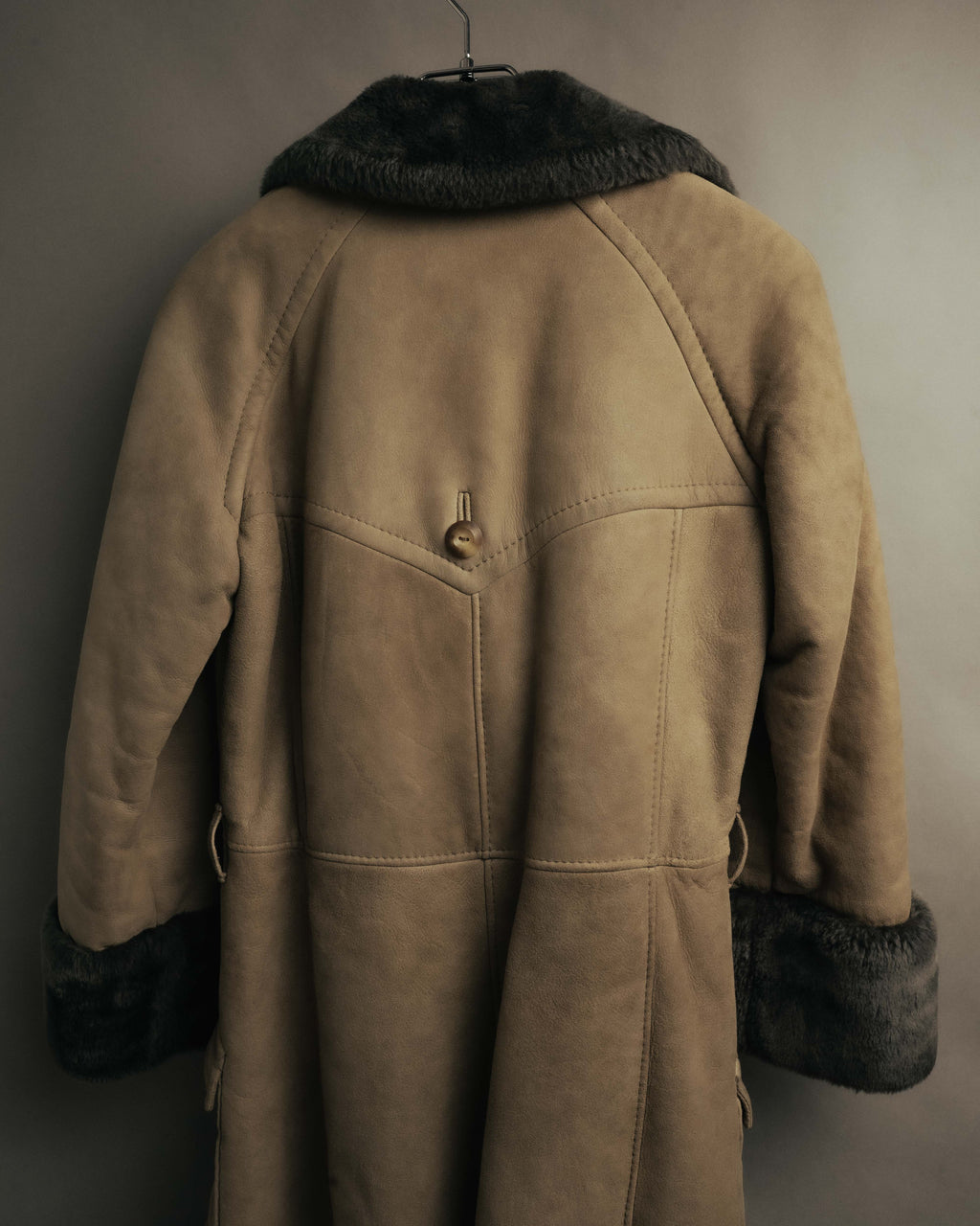 “LOEWE” 70’s-early 90’s Suede shearling belted long coat