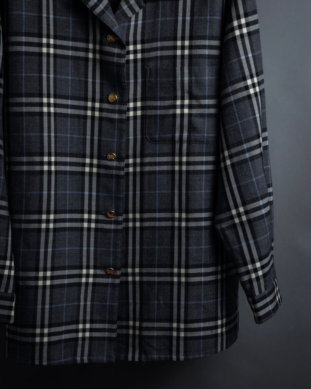 "BURBERRYS" Gold metal button design check pattern wool shirt