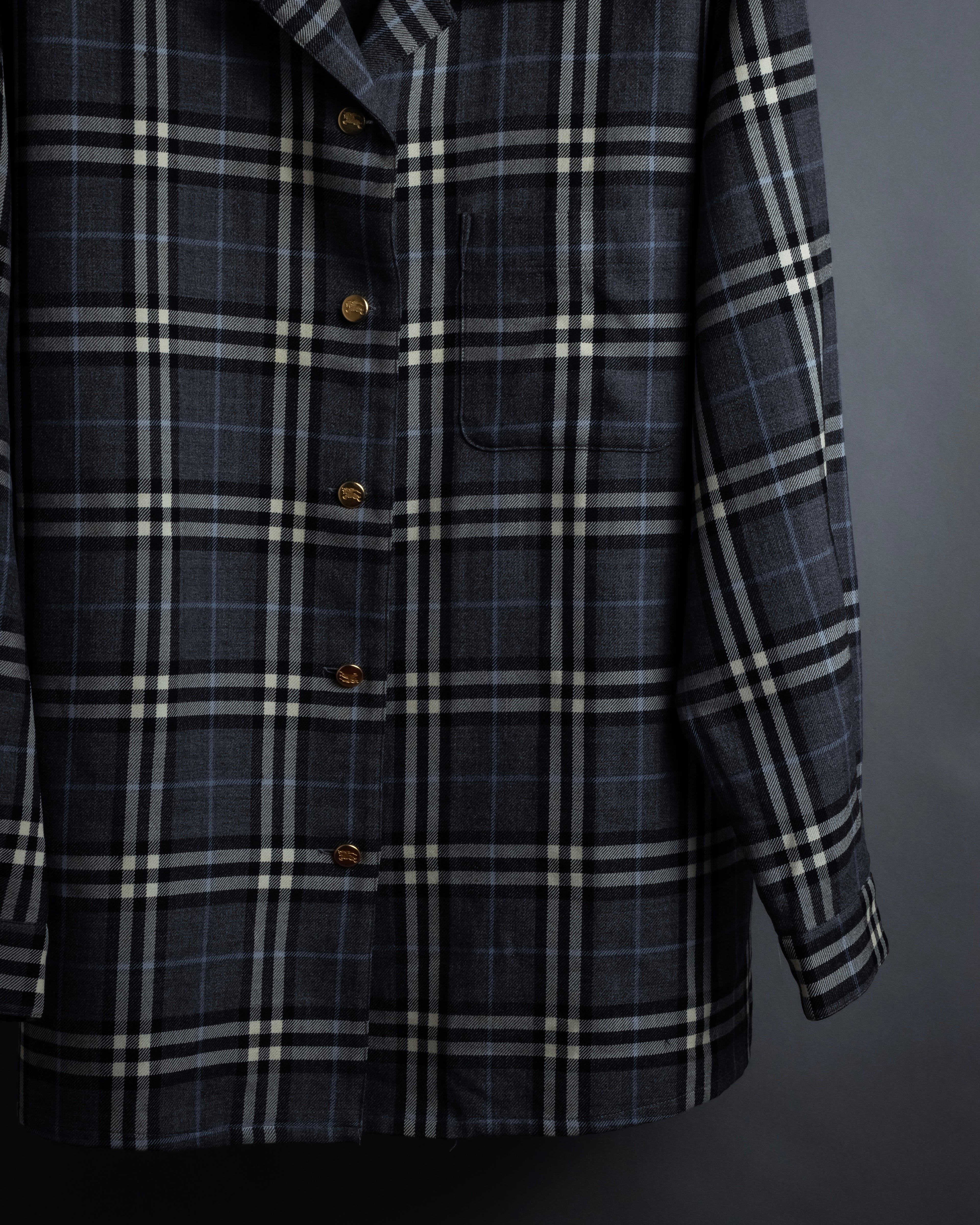 "BURBERRYS" Gold metal button design check pattern wool shirt