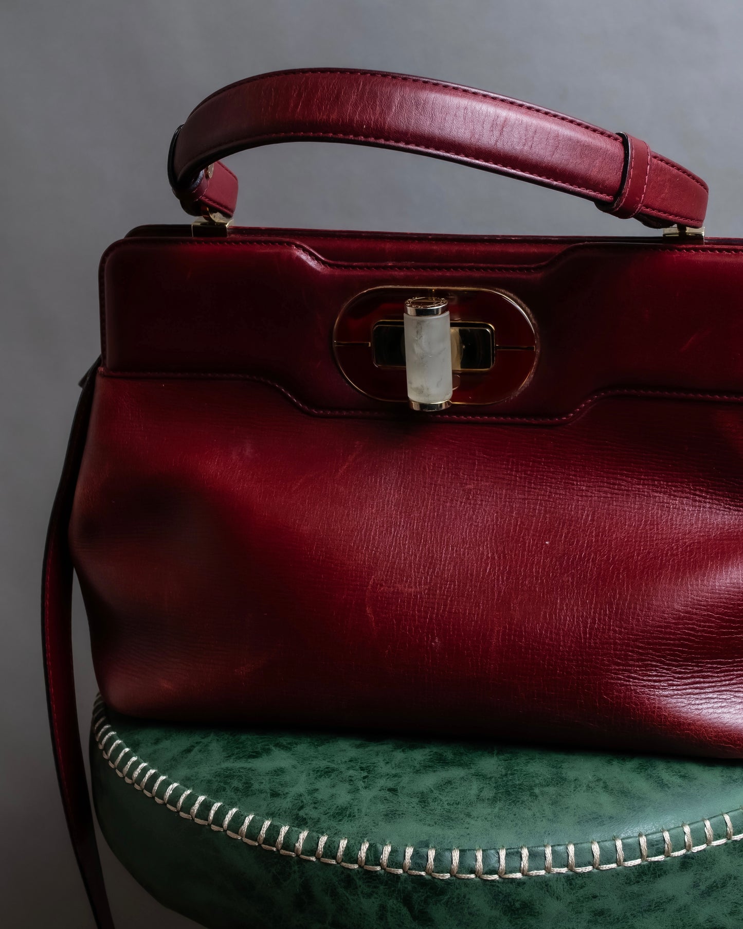 "BVLGARI" Marble motif burgundy color leather shoulder bag