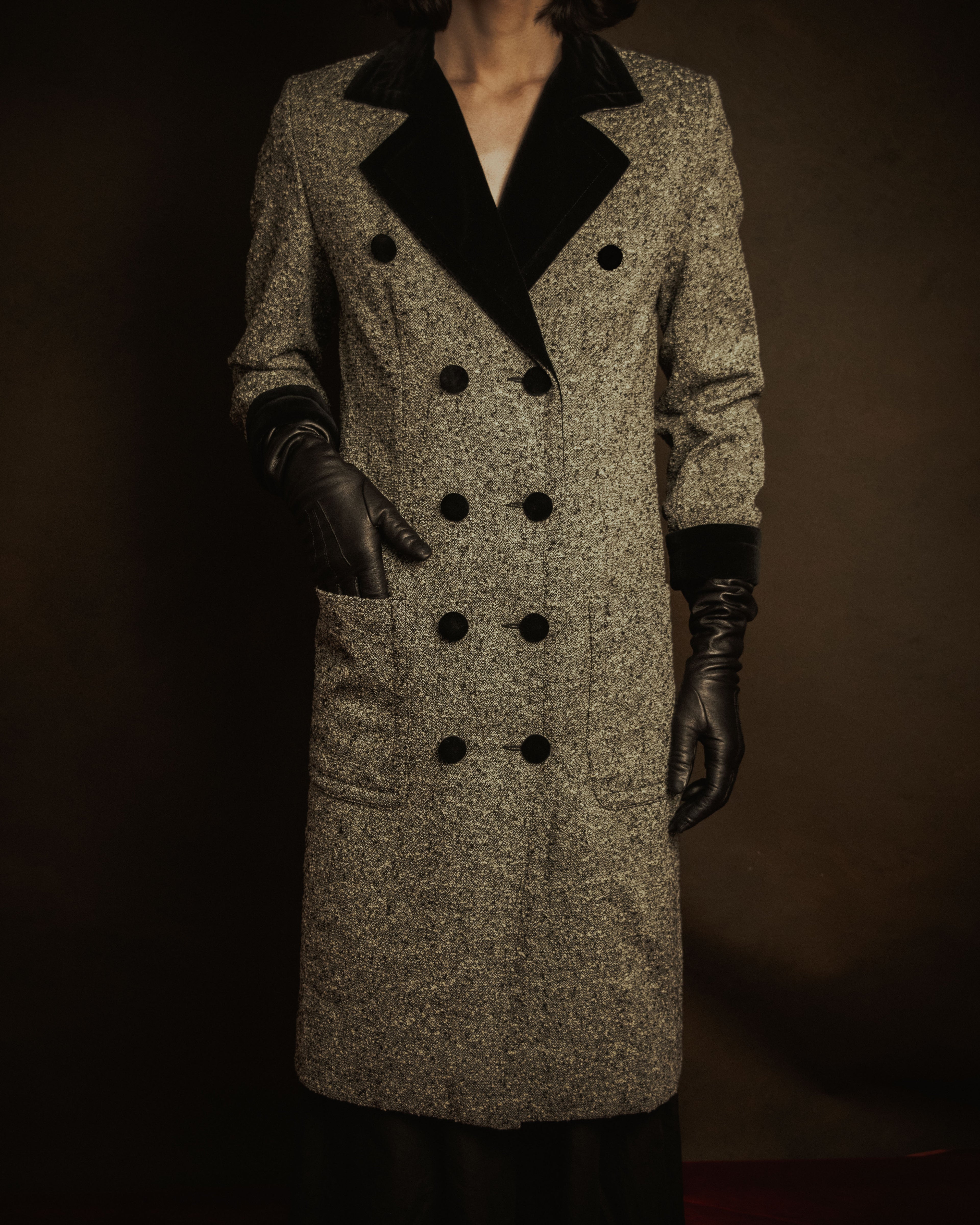 –SPECIAL– "CELINE" 70’s-80’s Classic tweed velvet-collar long coat