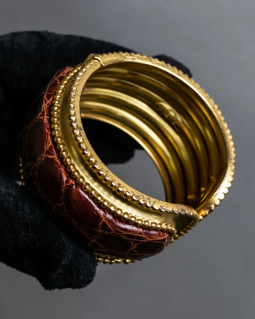 "LOEWE" Leather combination half moon gold bangle