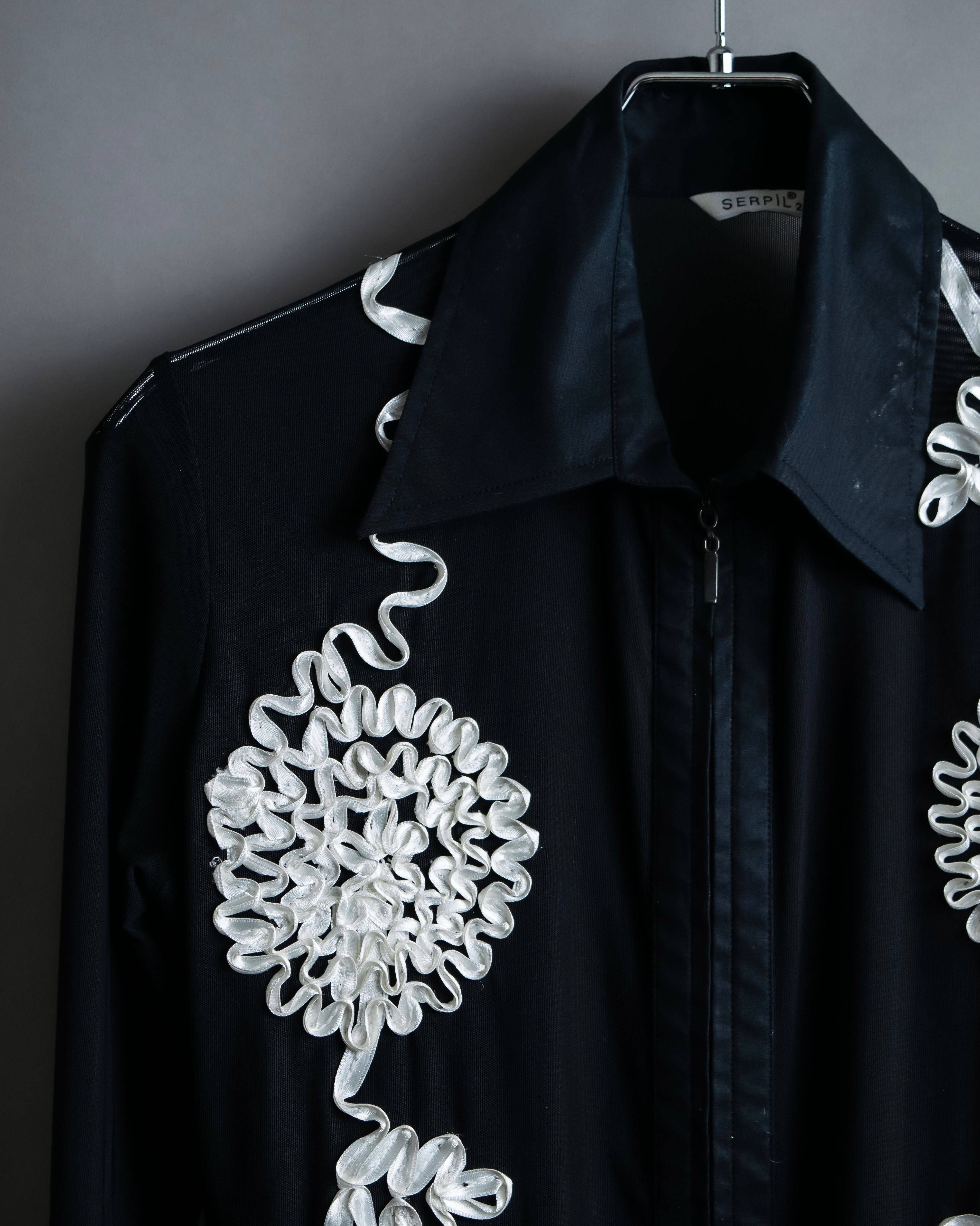 Vintage double zip ribbon flower design sheer jacket