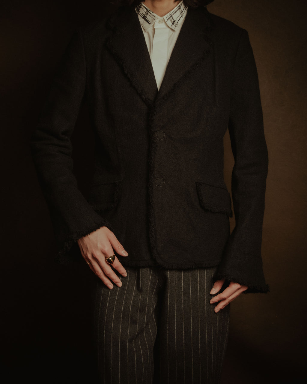 –SPECIAL– "tricot COMME des GARÇONS" 2004AW Fringed cut-off boiled wool tailored jacket