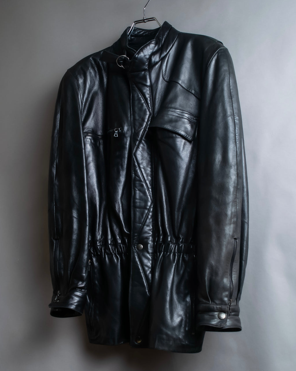 "Claude Montana" Drawcord detail stand-up collar leather blouson