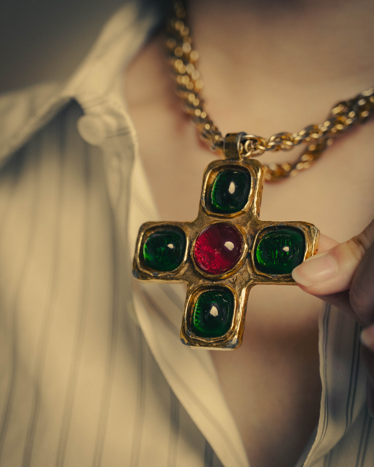–SPECIAL– "CHANEL" 80's Gripoix Byzantine cross pendant necklace