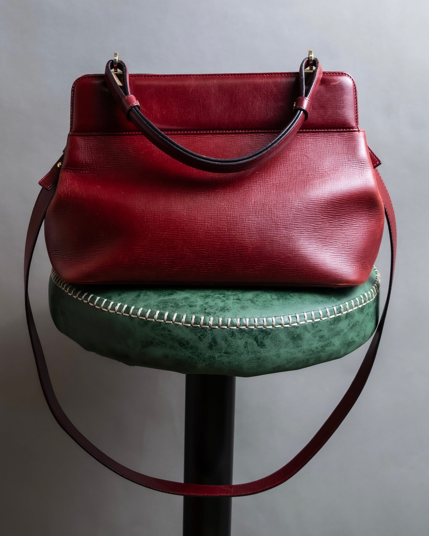 "BVLGARI" Marble motif burgundy color leather shoulder bag