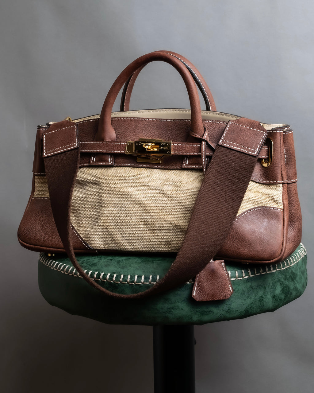 "ADMJ" Leather &amp; canvas combination 2way shoulder bag