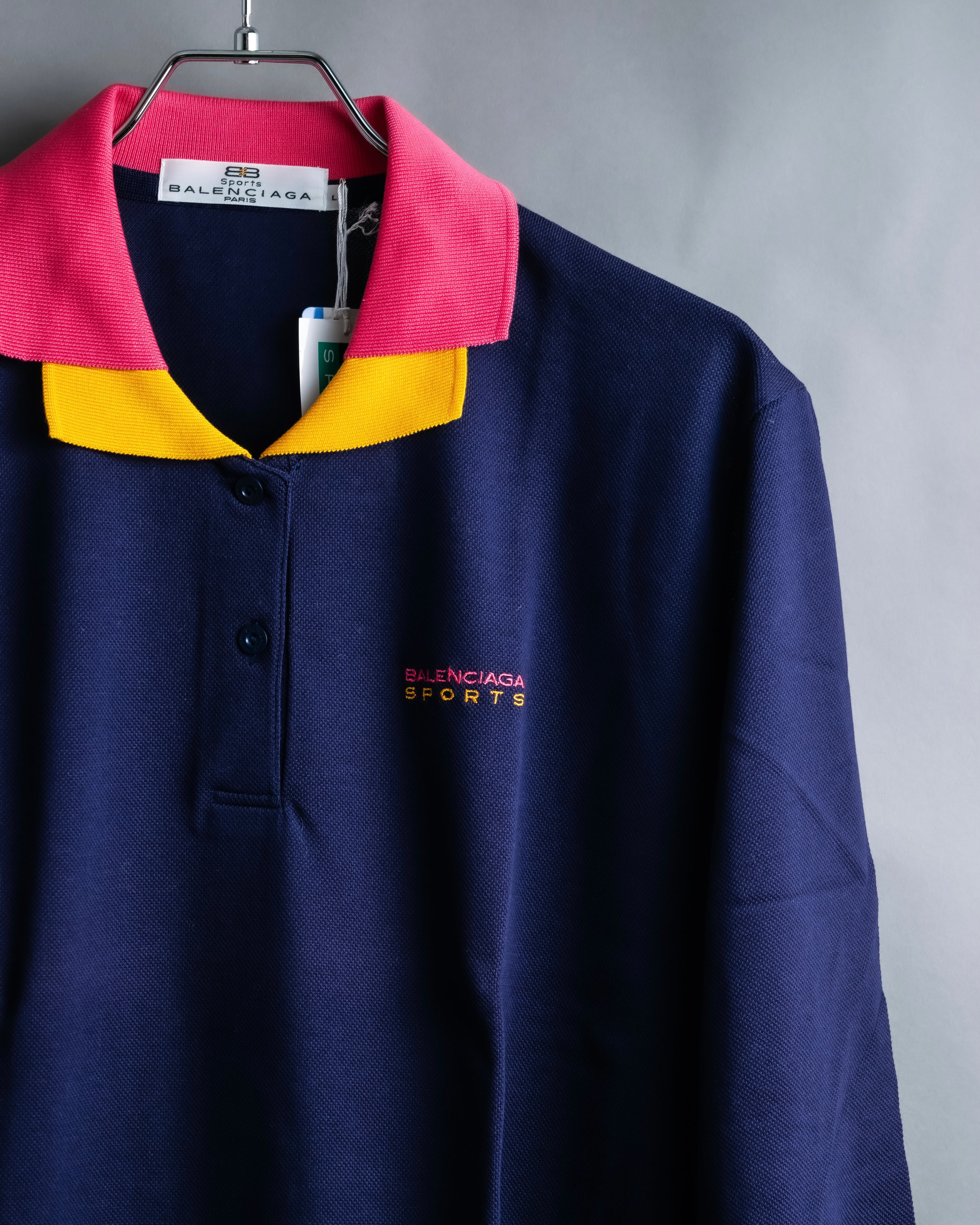 "Balenciaga Sports" Pink & yellow collar long sleeve polo shirt