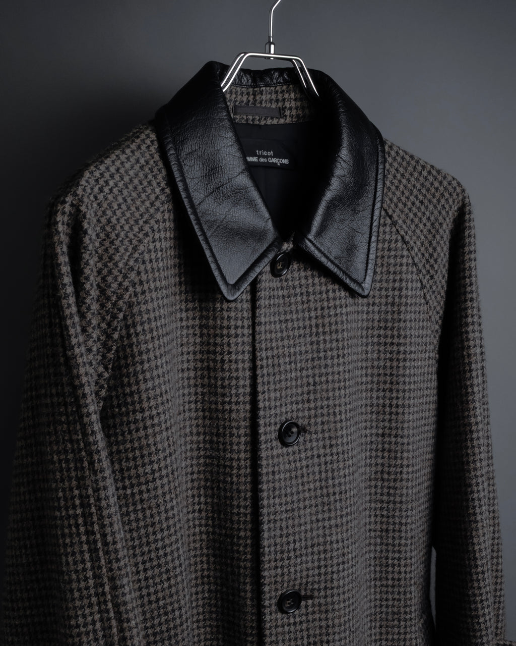 "tricot COMME des GARCONS" Leather collar design houndstooth pattern oversized long coat