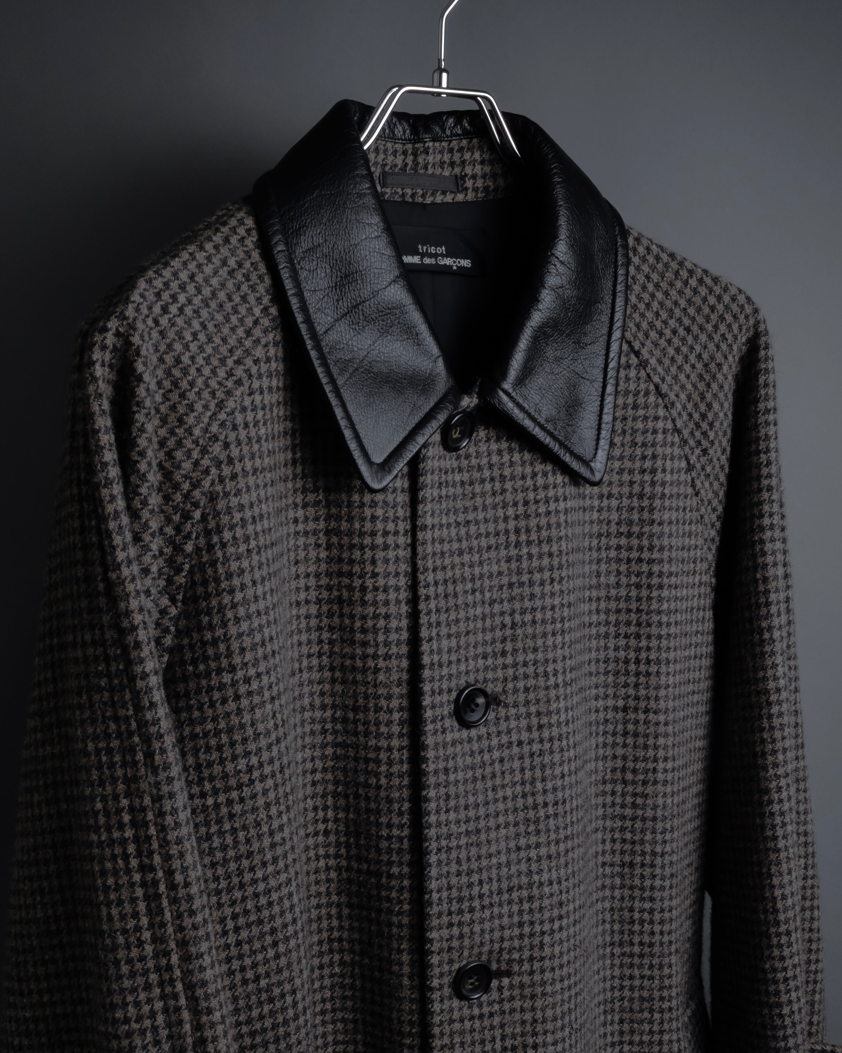 "tricot COMME des GARCONS" Leather collar design houndstooth pattern oversized long coat