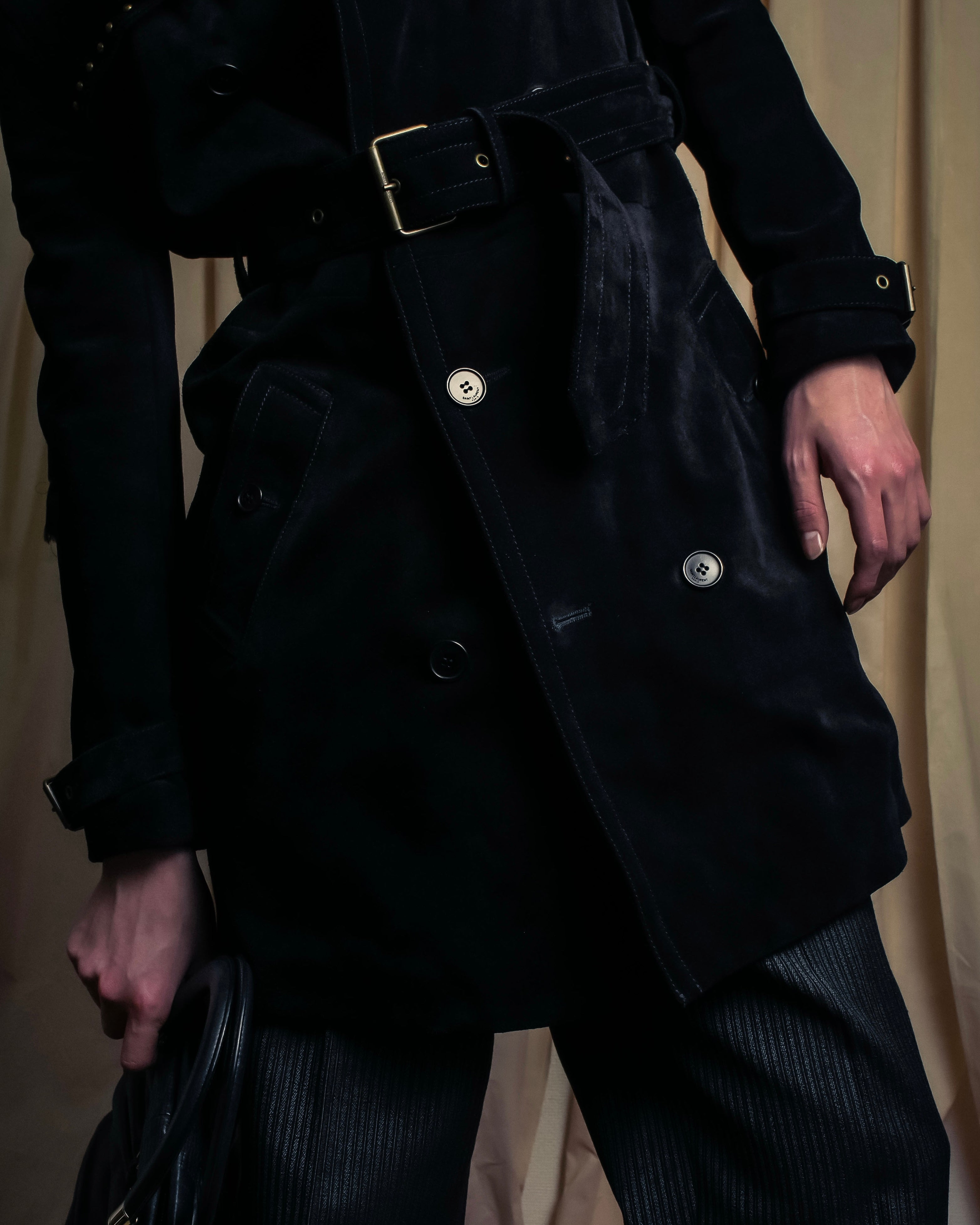 "Saint Laurent" 19AW gold studs design suede long coat