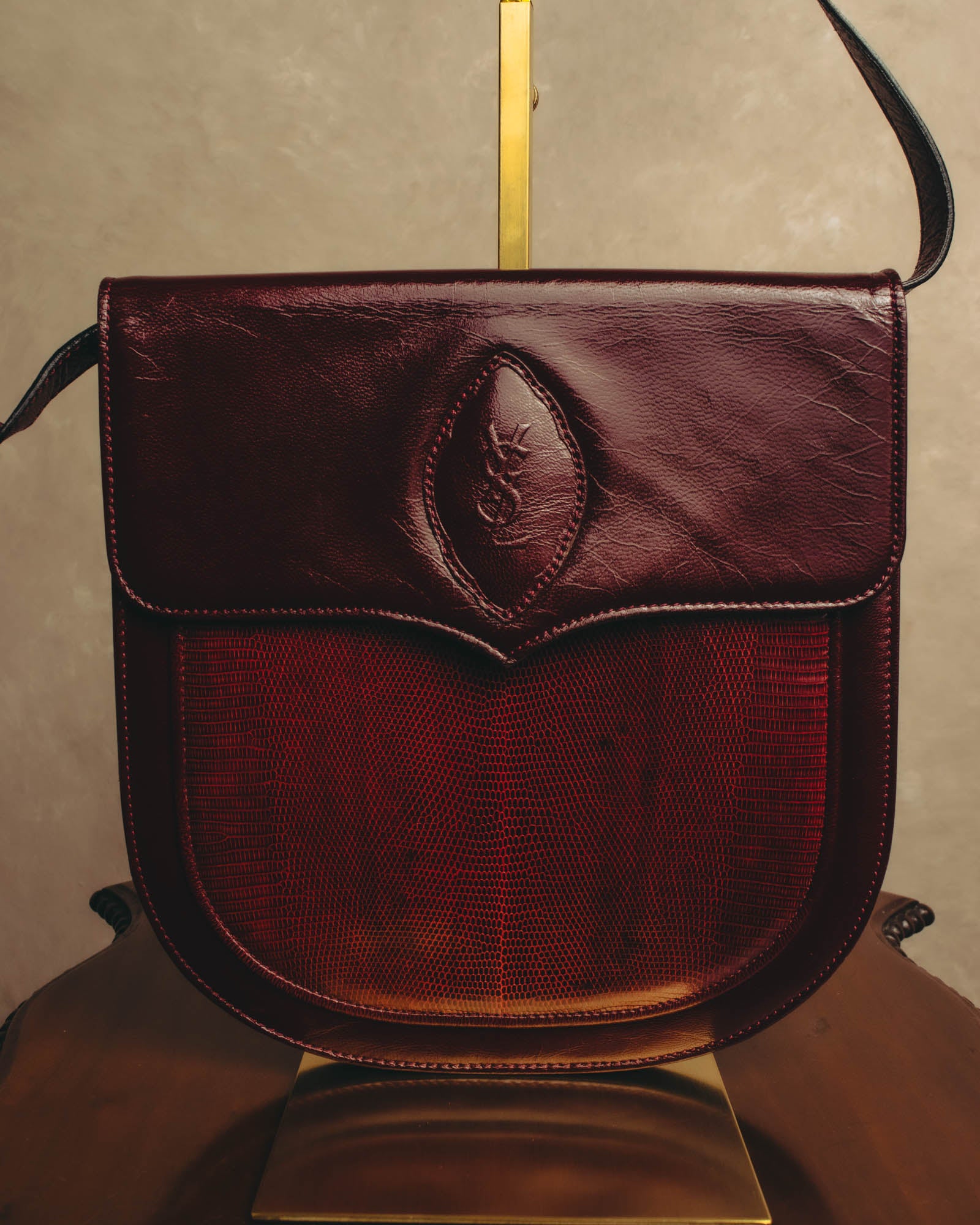 "Yves Saint Laurent" 80's-90's Burgundy embossed leather shoulder bag