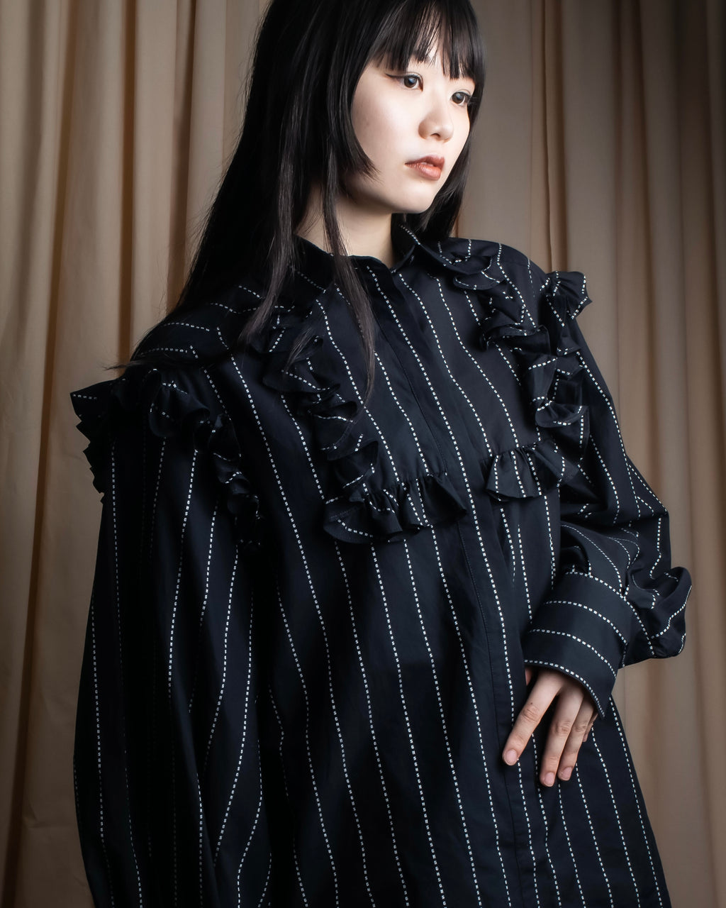 "MSGM" Frill design logo pinstripe pattern shirt