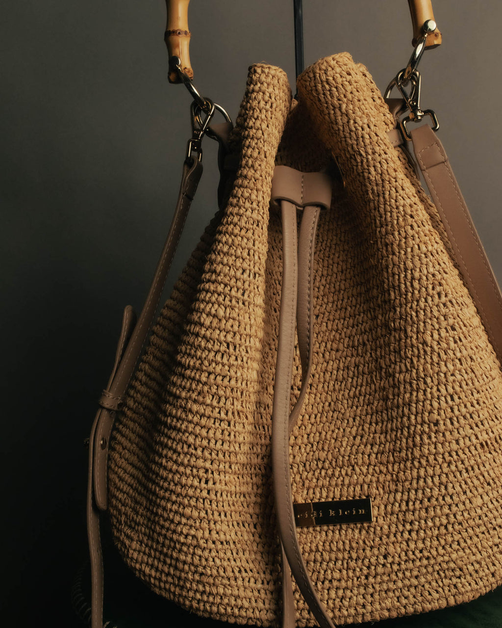 “Heidi Klein” Natural raffia bamboo handle bucket bag