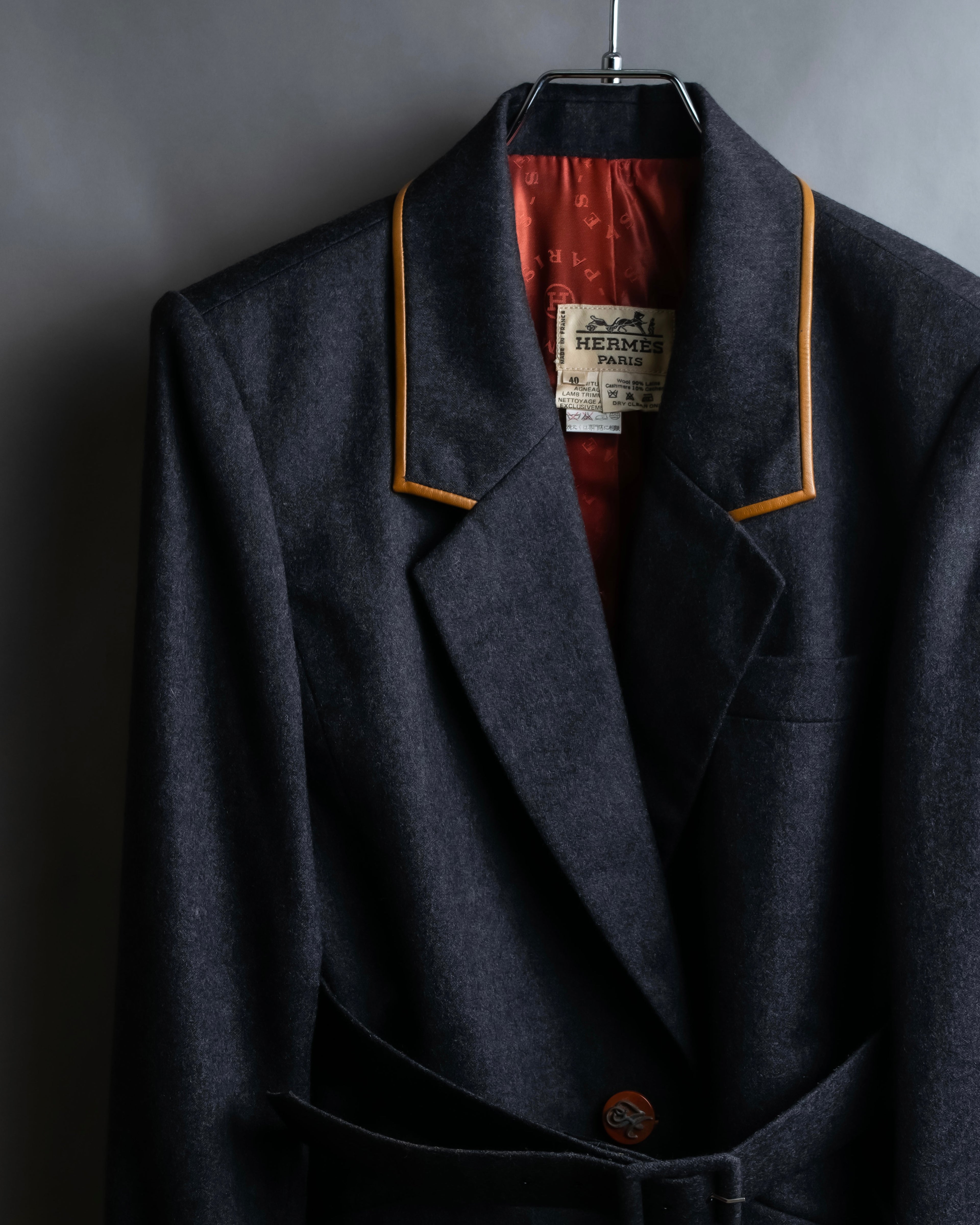 "HERMES" Vintage leather piping design belted tailored jacket