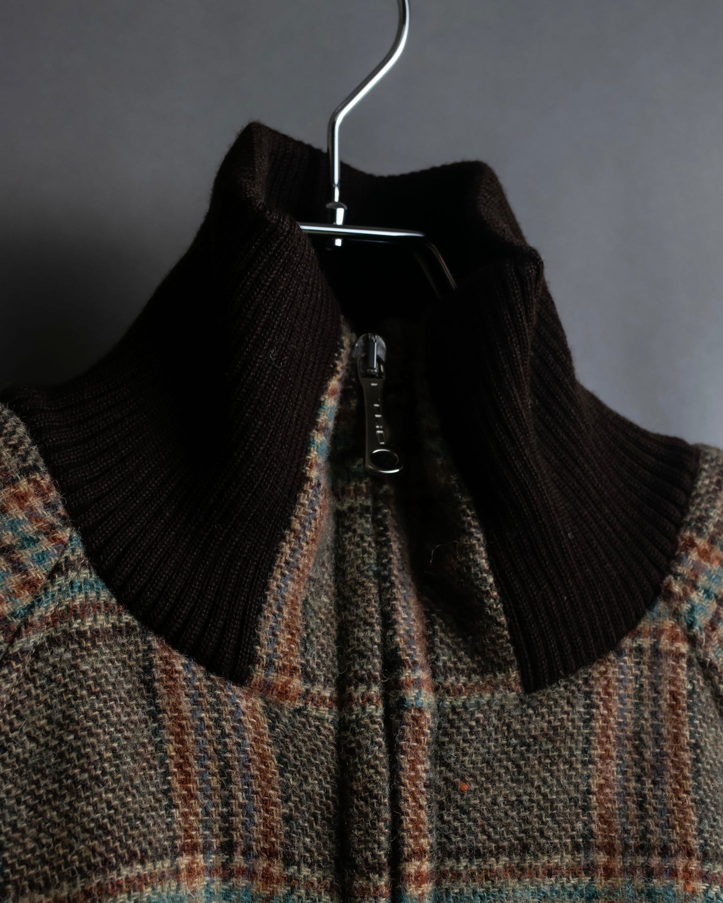 "ETRO" Multi-check pattern high neck ribbed knit blouson