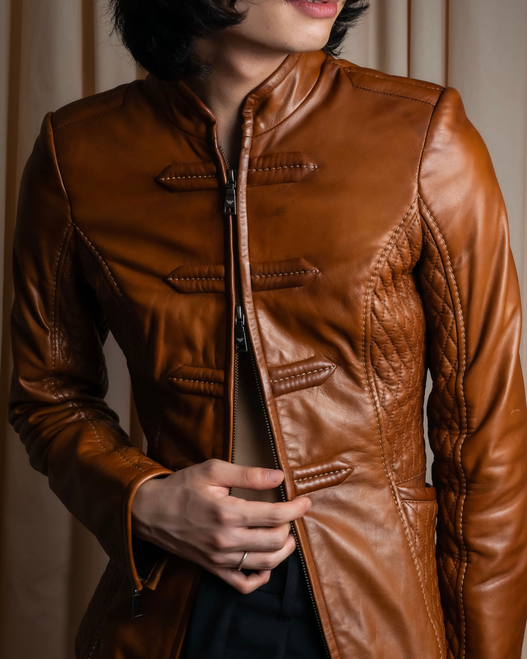 "EMPORIO ARMANI"  Quilted design brown color leather jacket