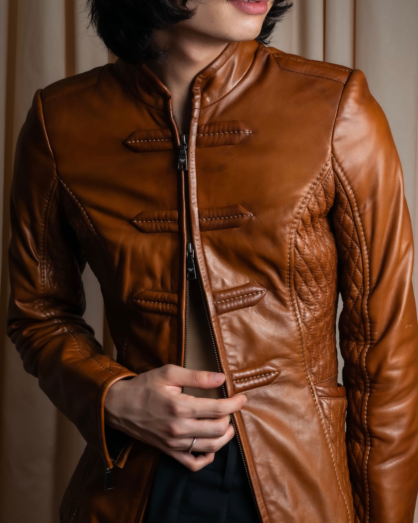 "EMPORIO ARMANI"  Quilted design brown color leather jacket