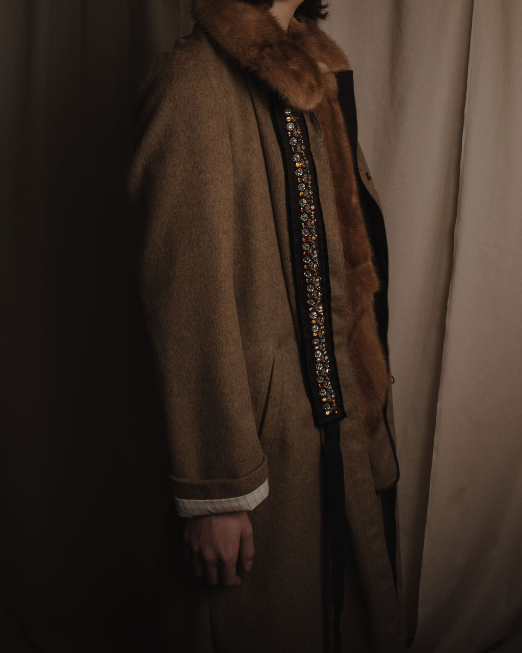 "PRADA" 90’s-00’s embellished fur-collar stretch tech coat