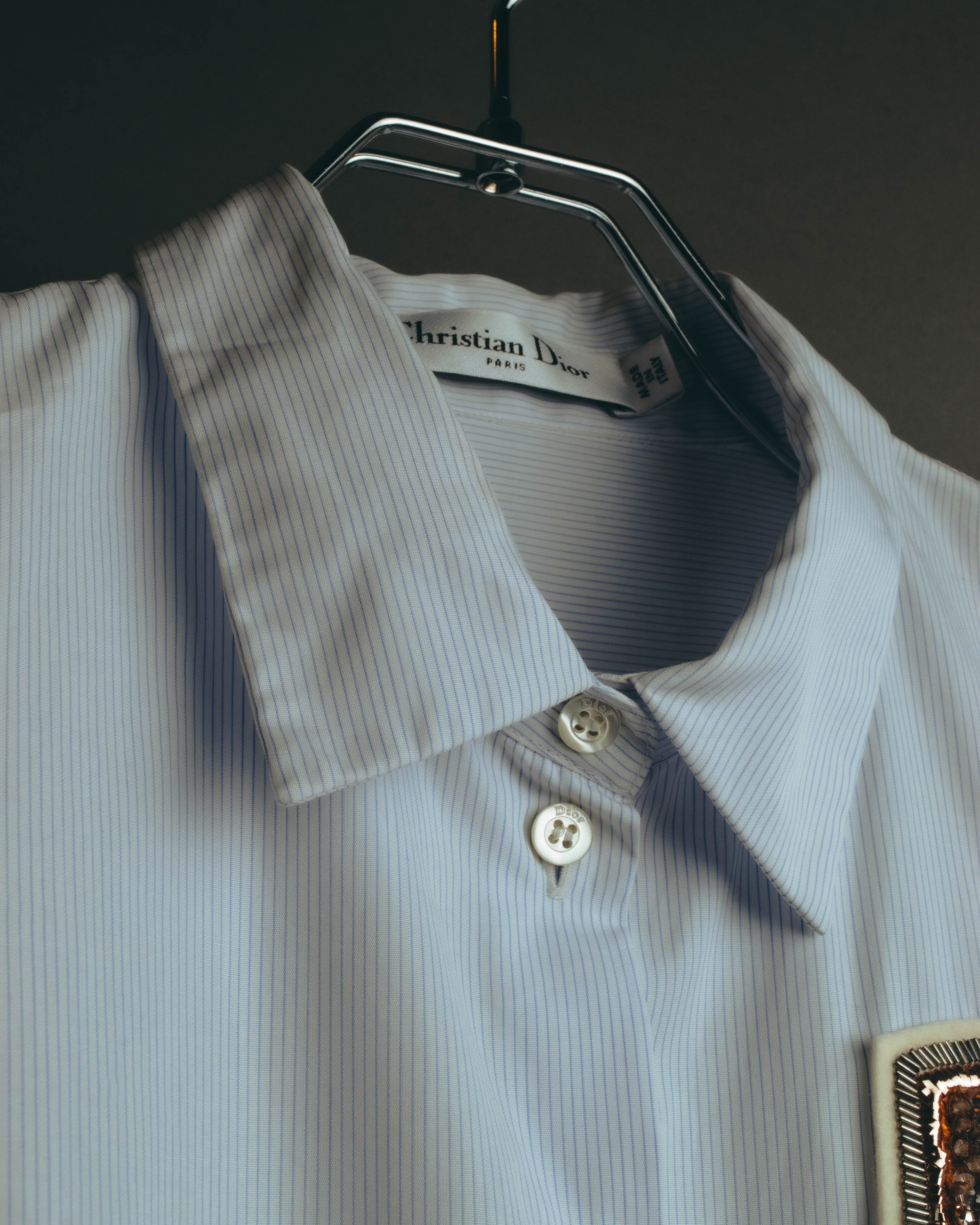 -SPECIAL- "Christian Dior" 00's-10's Embellished shield crest striped ruched sleeve shirt