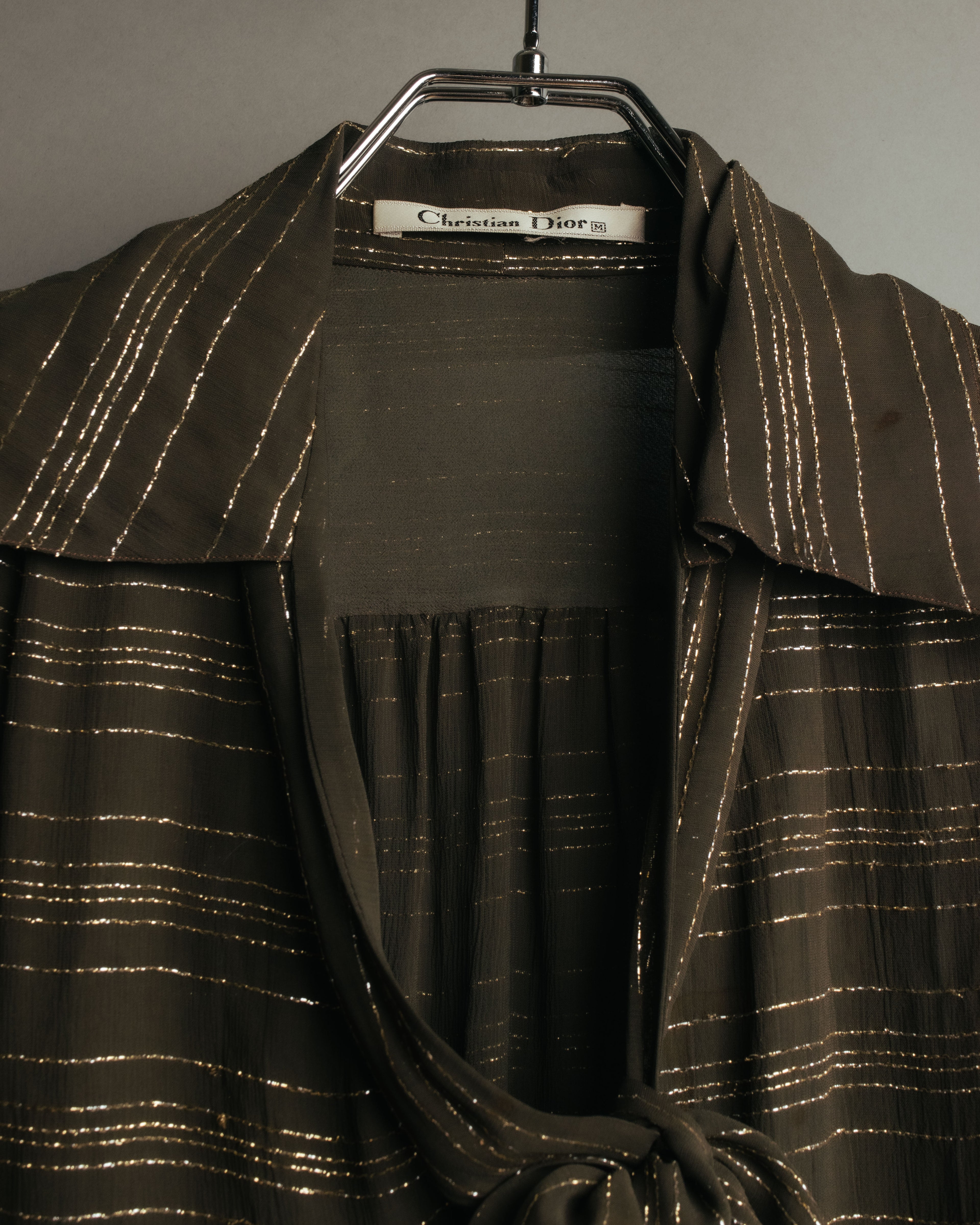 "Christian Dior" 80's-90's Lurex striped pussy-bow sheer blouse