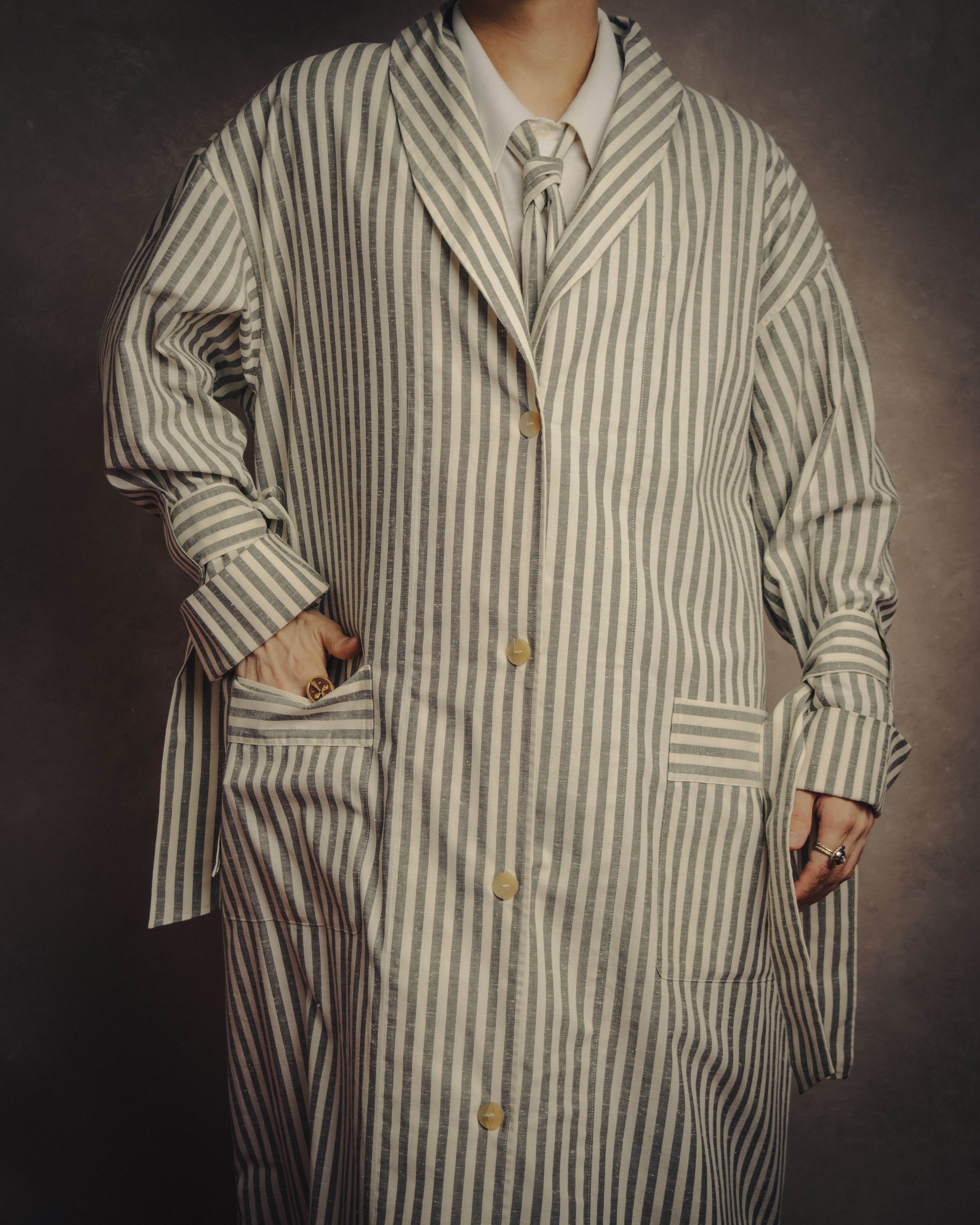 -SPECIAL- “LOEWE” 2010’s striped ribbon sleeve long gown coat