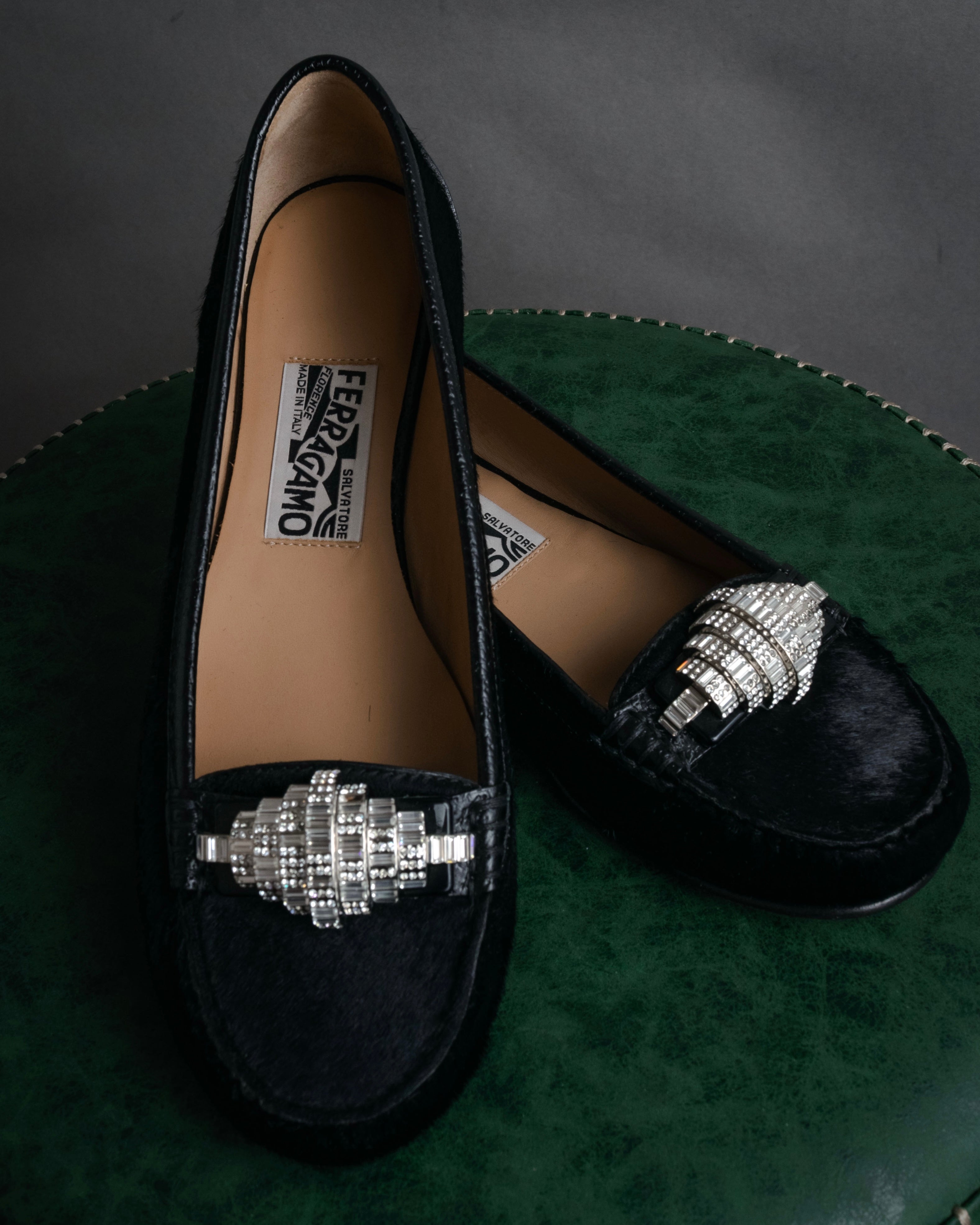 “SALVATORE FERRAGAMO” 00’s Haircalf crystal ornament shoes