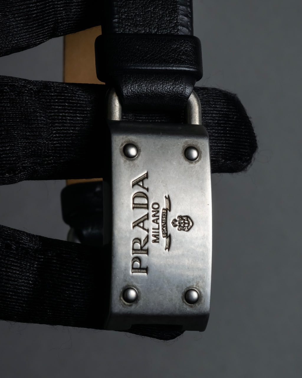 "PRADA" Logo engraved metal plate design leather bracelet