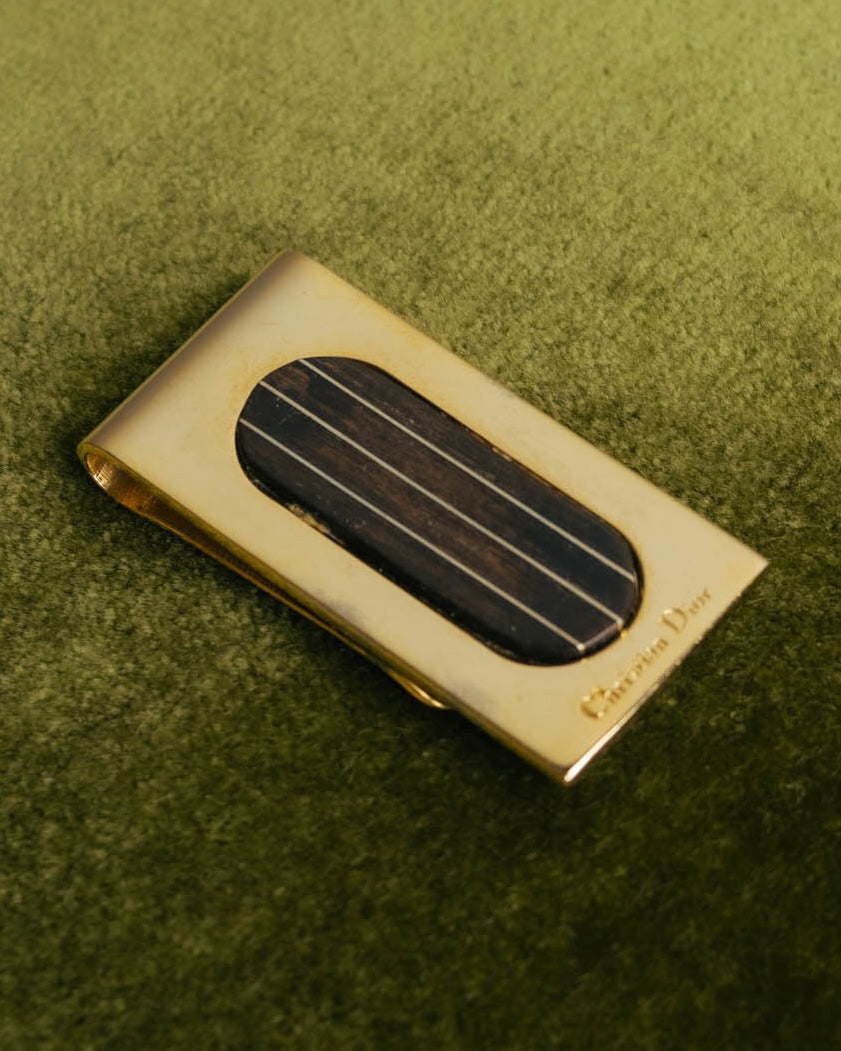 "Christian Dior" 70's-90's Gold tone striped inlay money clip