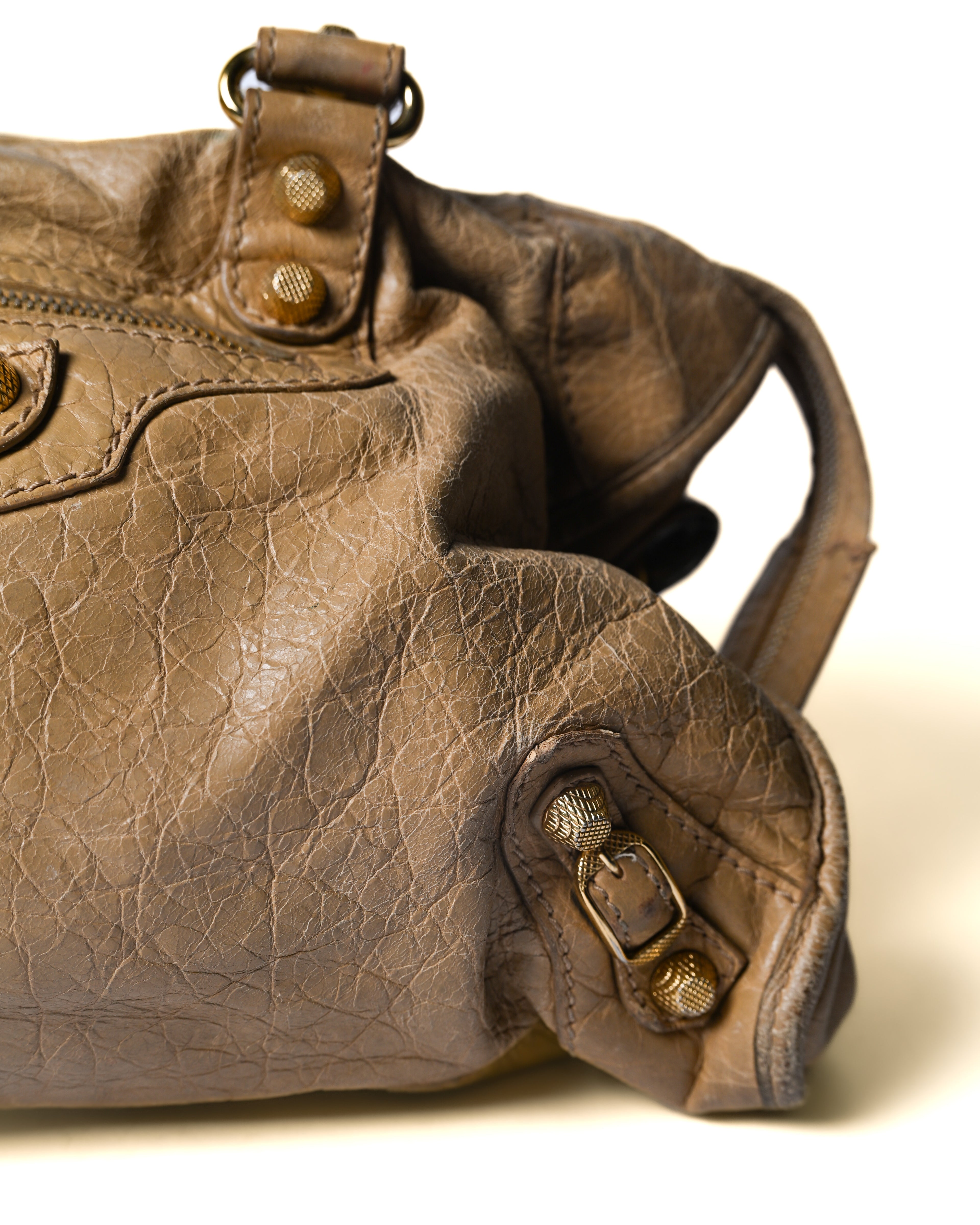 BALENCIAGA/ “Giant City” Gold Studs 2 Way Handbag Beige