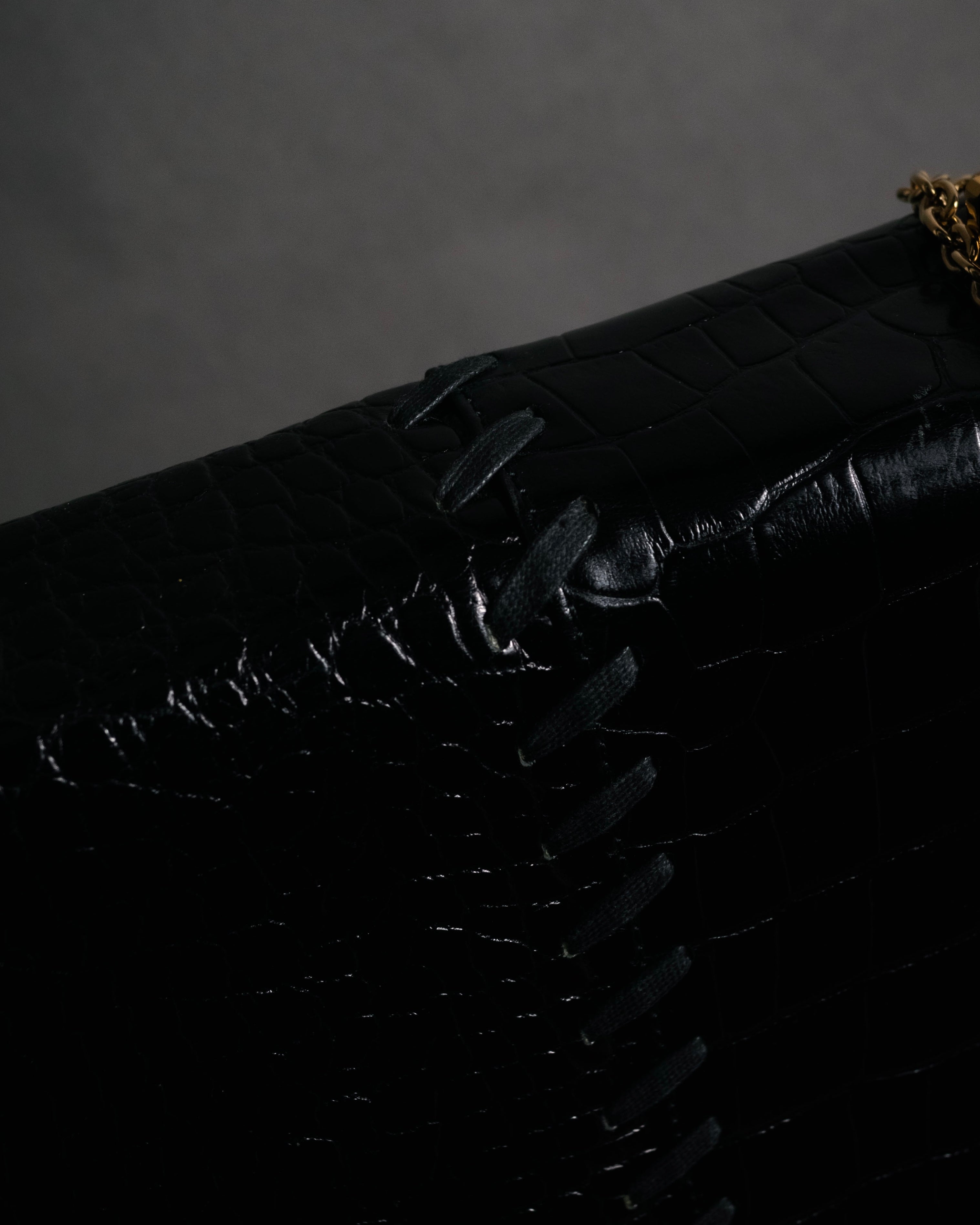 "Yves Saint Laurent" 90’s croc embossed whipstitch trapeze handbag
